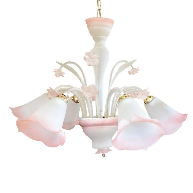 Art Nouveau Vintage Italian Pink Murano Glass 6 Light Chandelier  For Sale
