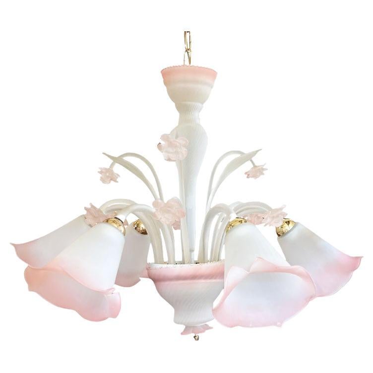 Vintage Italian Pink Murano Glass 6 Light Chandelier 