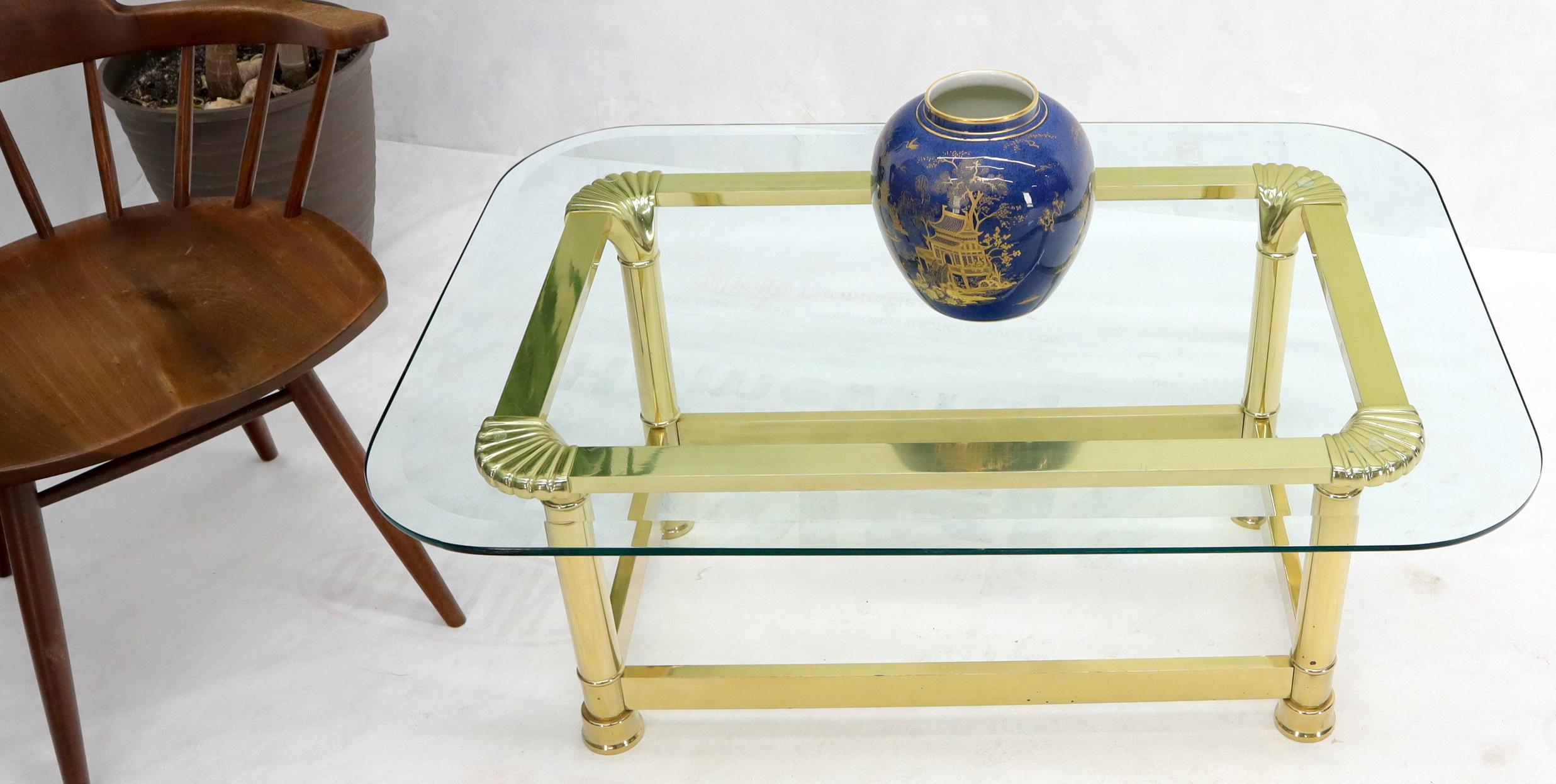 Vintage Italian Polished Brass Base Glass Top Coffee Table Rounded Scallop In Good Condition For Sale In Rockaway, NJ