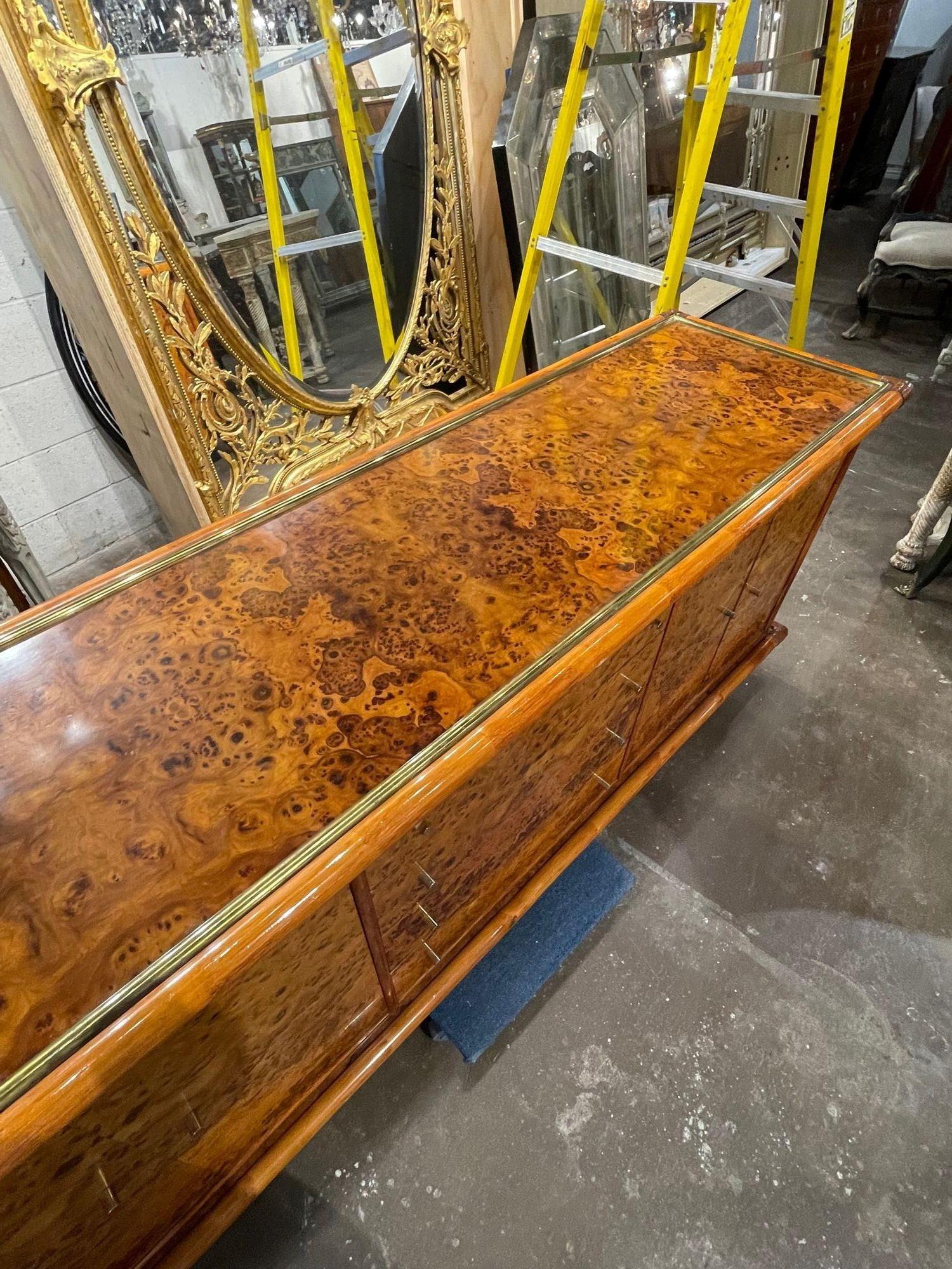 20th Century Vintage Italian Polished Burl Walnut and Brass 2 Sided Credenza For Sale
