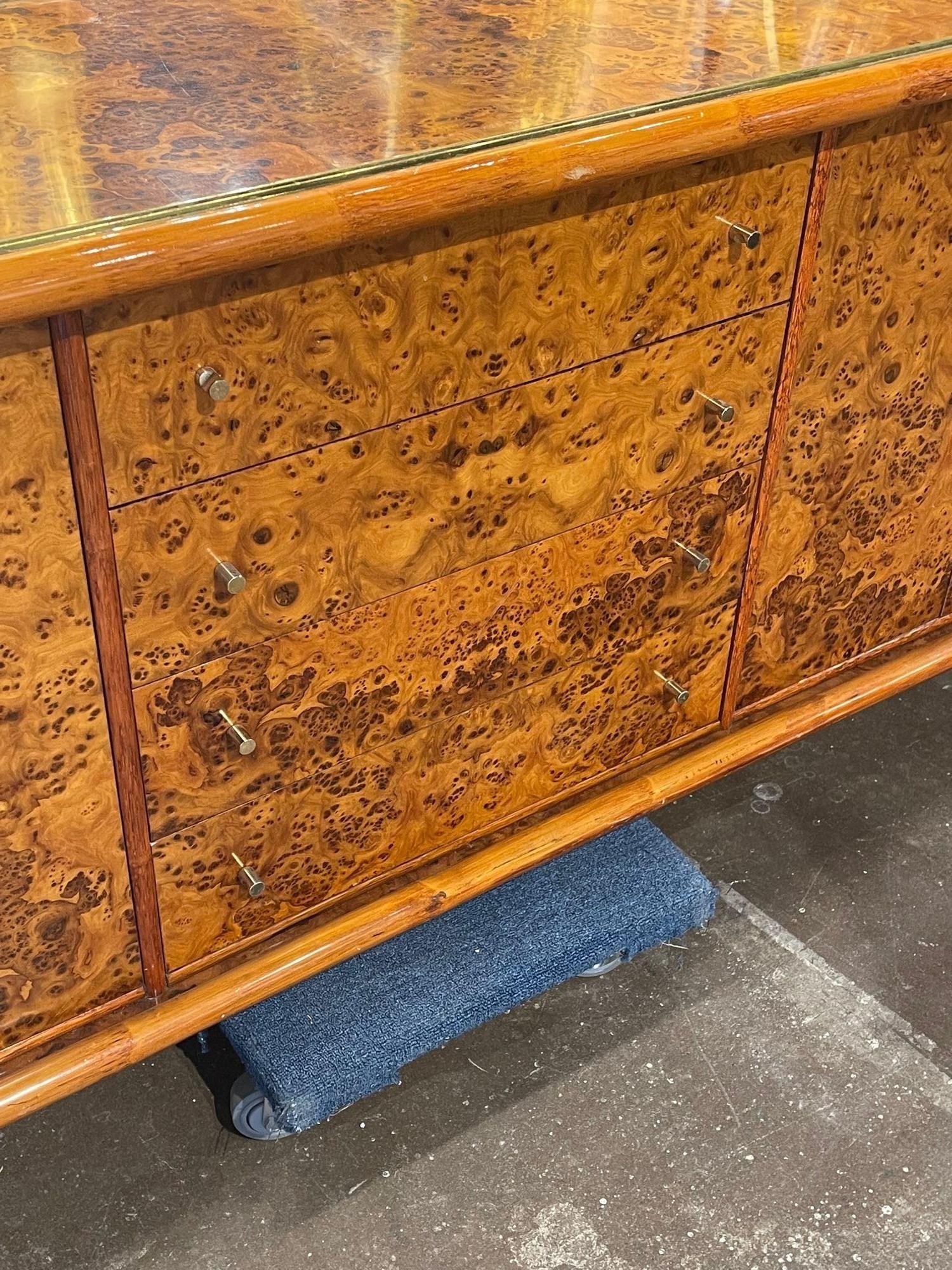 Vintage Italian Polished Burl Walnut and Brass 2 Sided Credenza For Sale 1