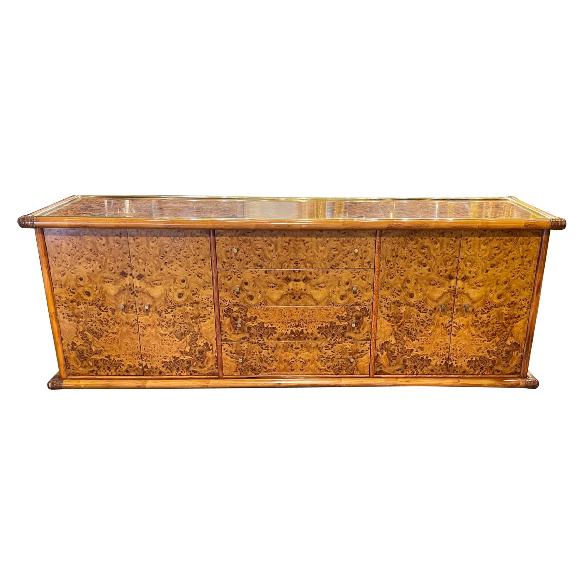 Vintage Italian Polished Burl Walnut and Brass 2 Sided Credenza