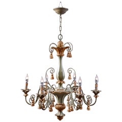 Vintage Italian Polychrome Giltwood Six-Light Chandelier, Circa 1940