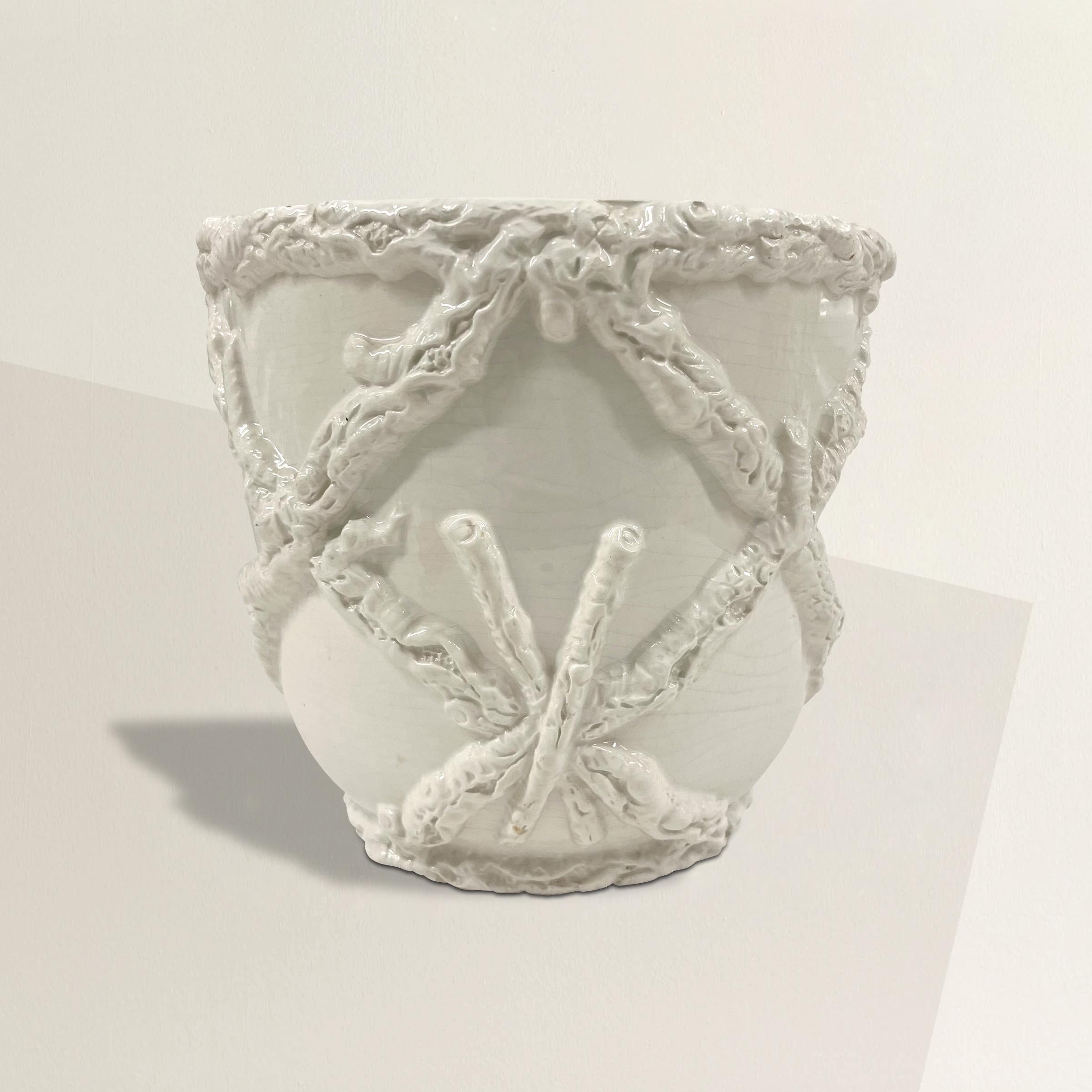 A chic mid-20th century Italian porcelain cachepot with a faux bois design, and finished in a cores crackle glaze. Perfect size for a small houseplant, our tucked next to the sink in your bathroom or powder room and used as a garbage bin.