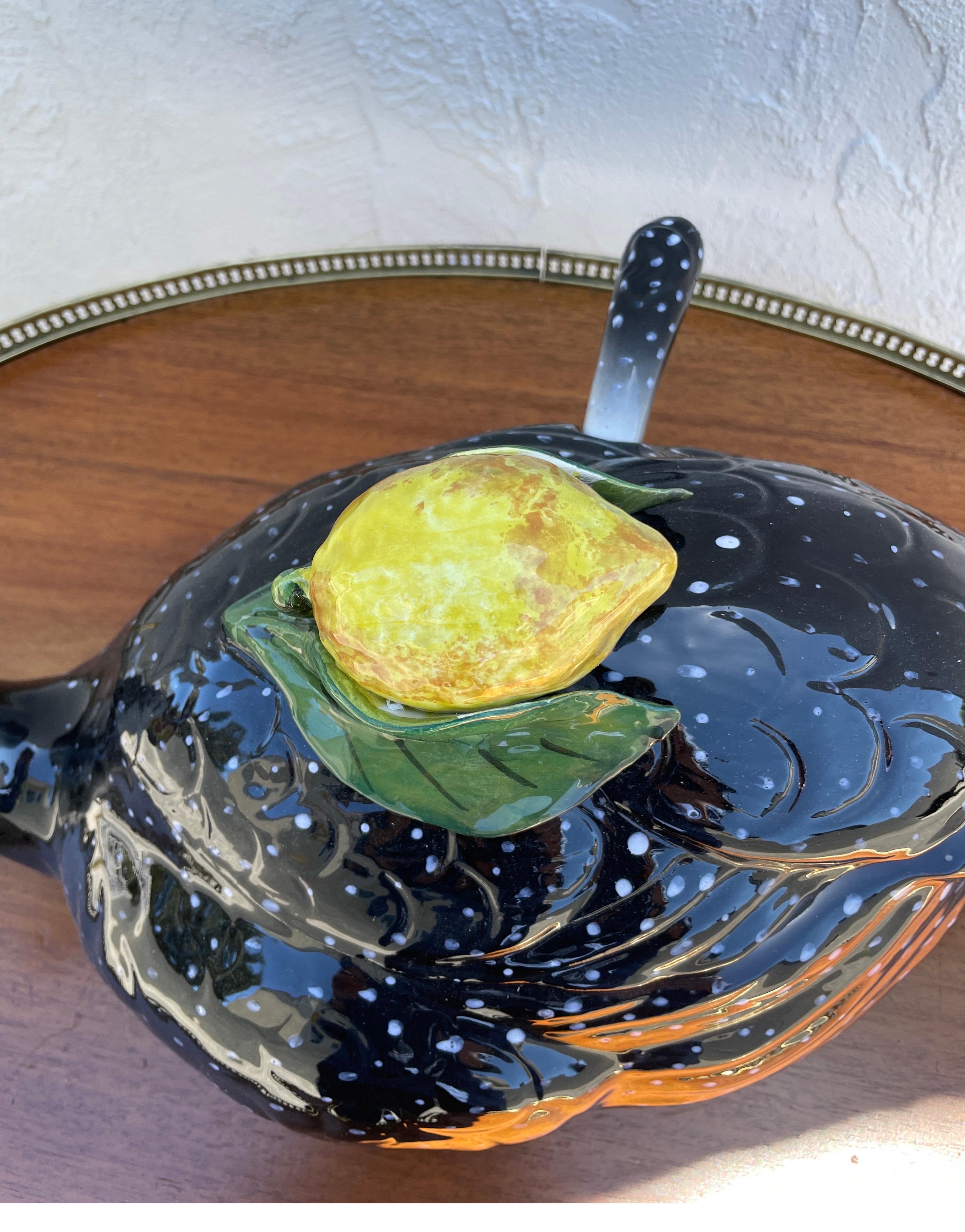 Vintage hand painted Italian Guinea Hen Tureen with ladle. A very whimsical piece with a lemon handle. A lovely piece for entertaining.