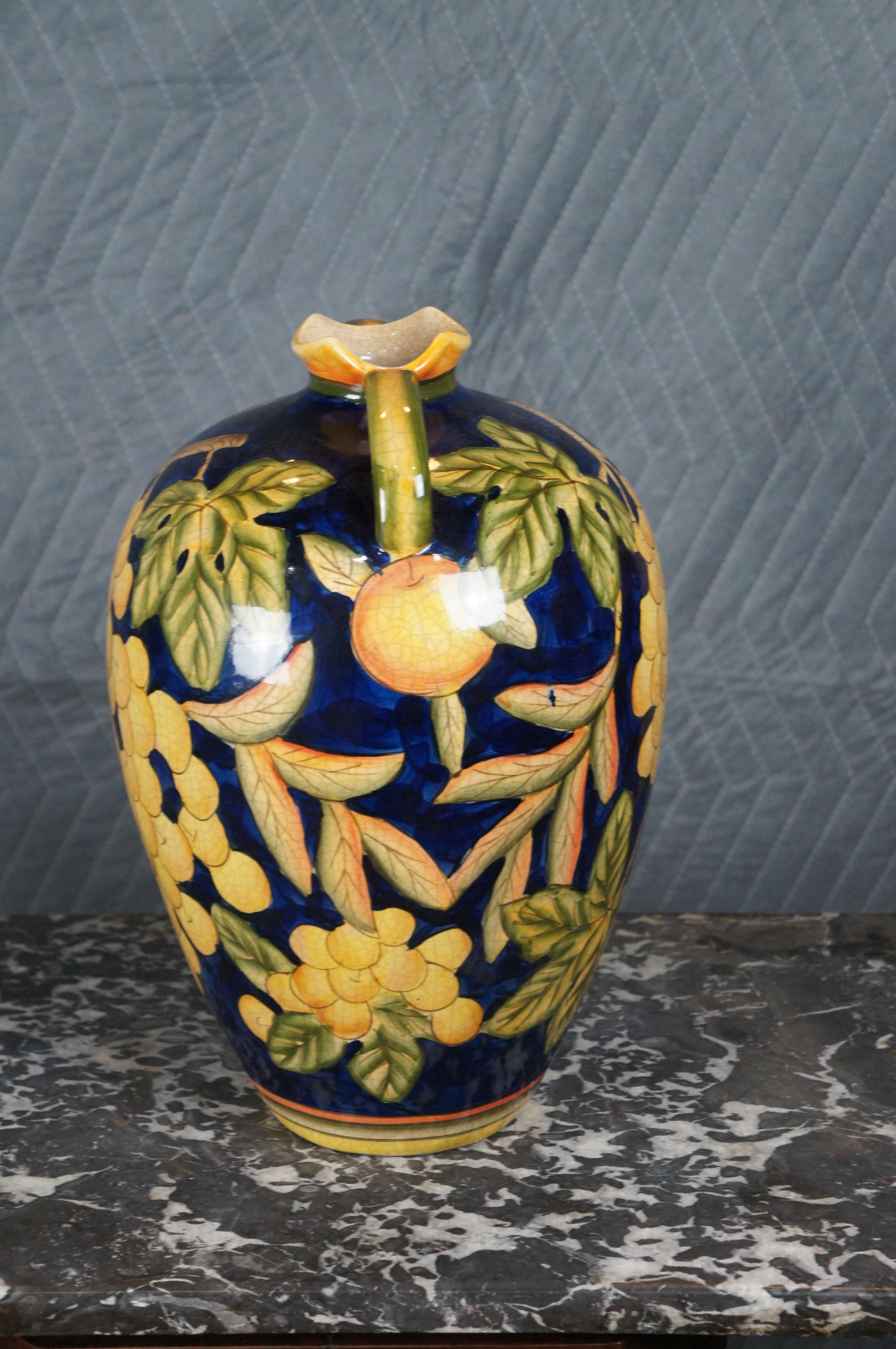 20th Century Vintage Italian Porcelain Polychrome Grapevine Painted Wine Jug Vase Vessel 14