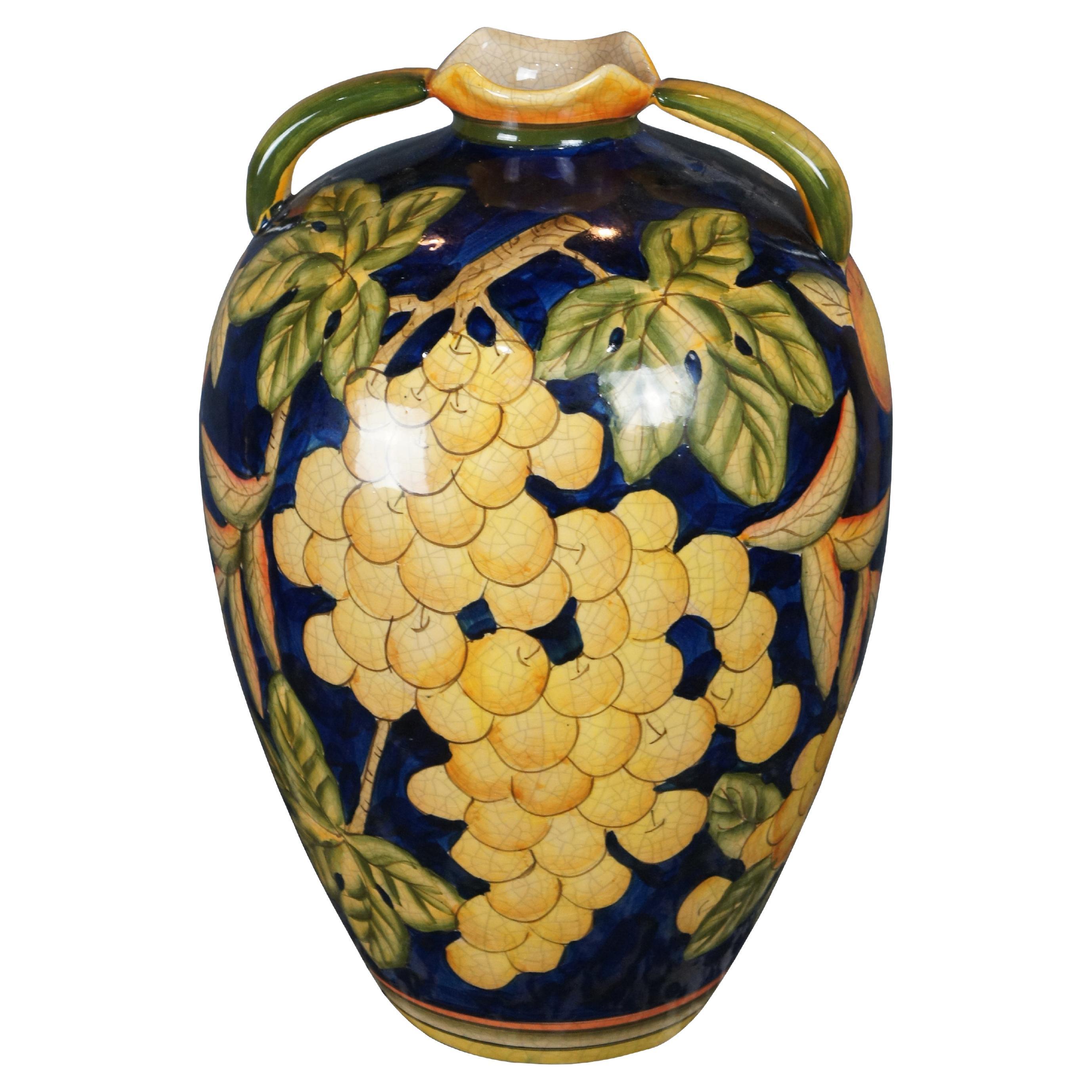 Vintage Italian Porcelain Polychrome Grapevine Painted Wine Jug Vase Vessel 14"