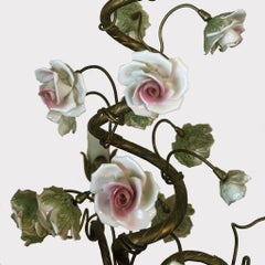 Vintage Italian Porcelain Rose and Brass three light petite chandelier