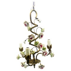 Vintage Italian Porcelain Rose and Brass three light petite chandelier