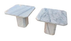 Vintage Italian Post Modern Pair End or Side Tables White Marble Grey Veining