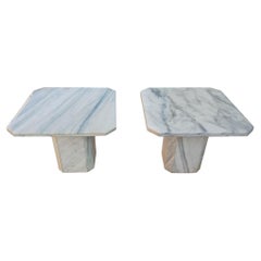 Vintage Italian Post Modern Pair End or Side Tables White Marble Grey Veining