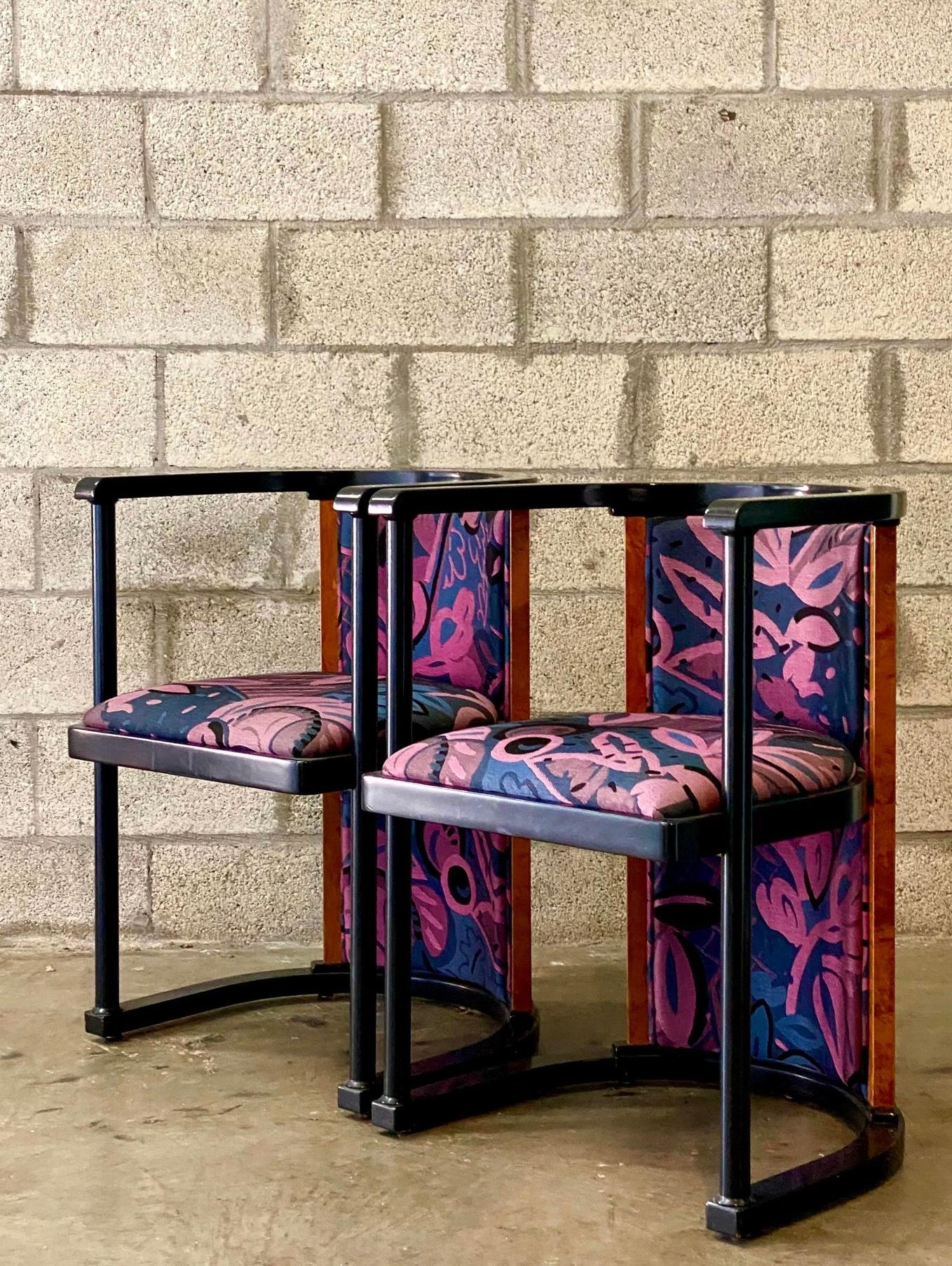 Late 20th Century Vintage Italian Postmodern Elle Due Arredamenti Burl Wood Side Chairs, a Pair