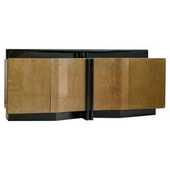 Vintage Italian Postmodern Enfilade Credenza in Black Lacquer + Birdseye Maple
