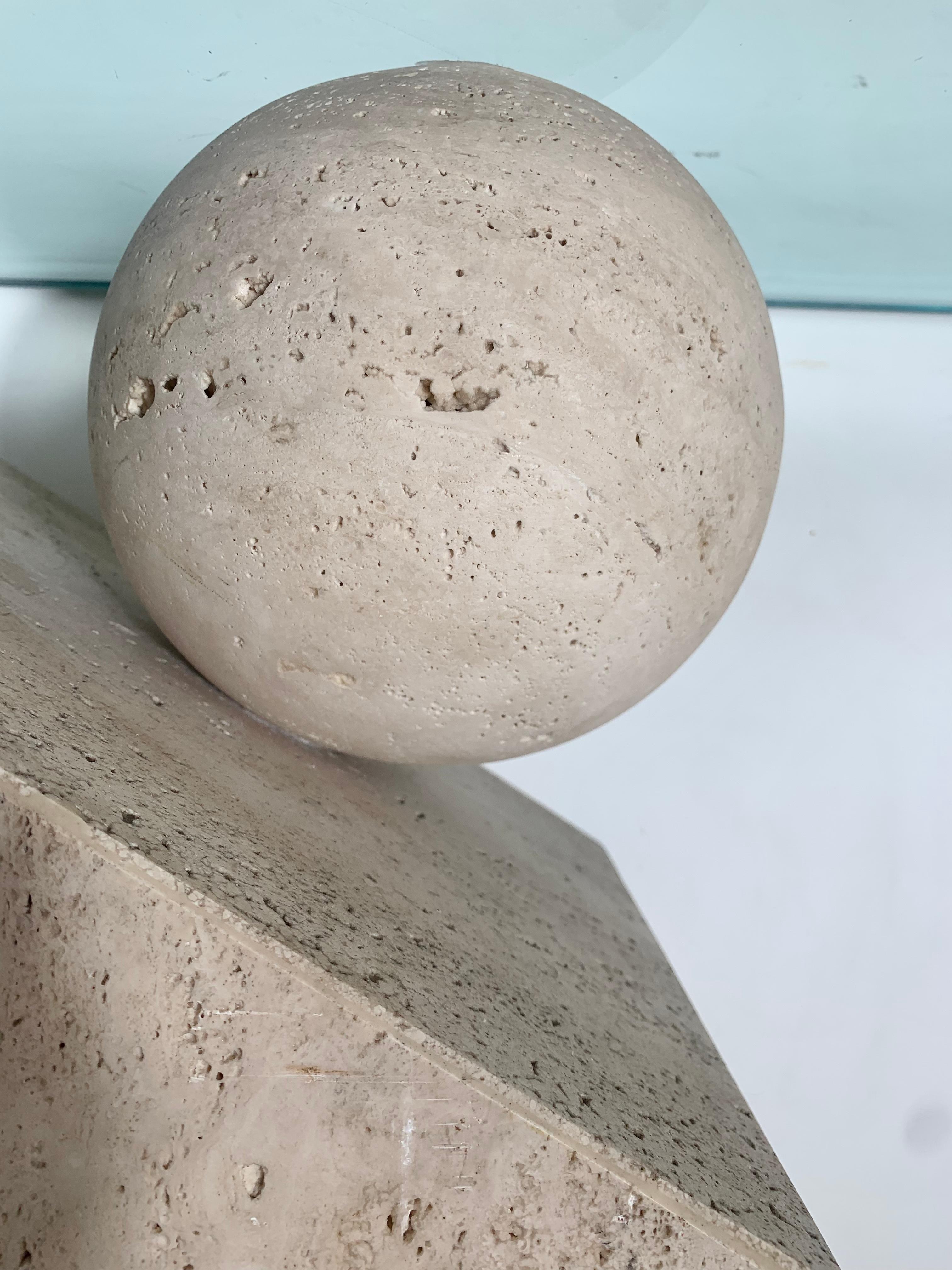 Glass Postmodern Italian Travertine Marble Console table with Floating Orb, 1970s