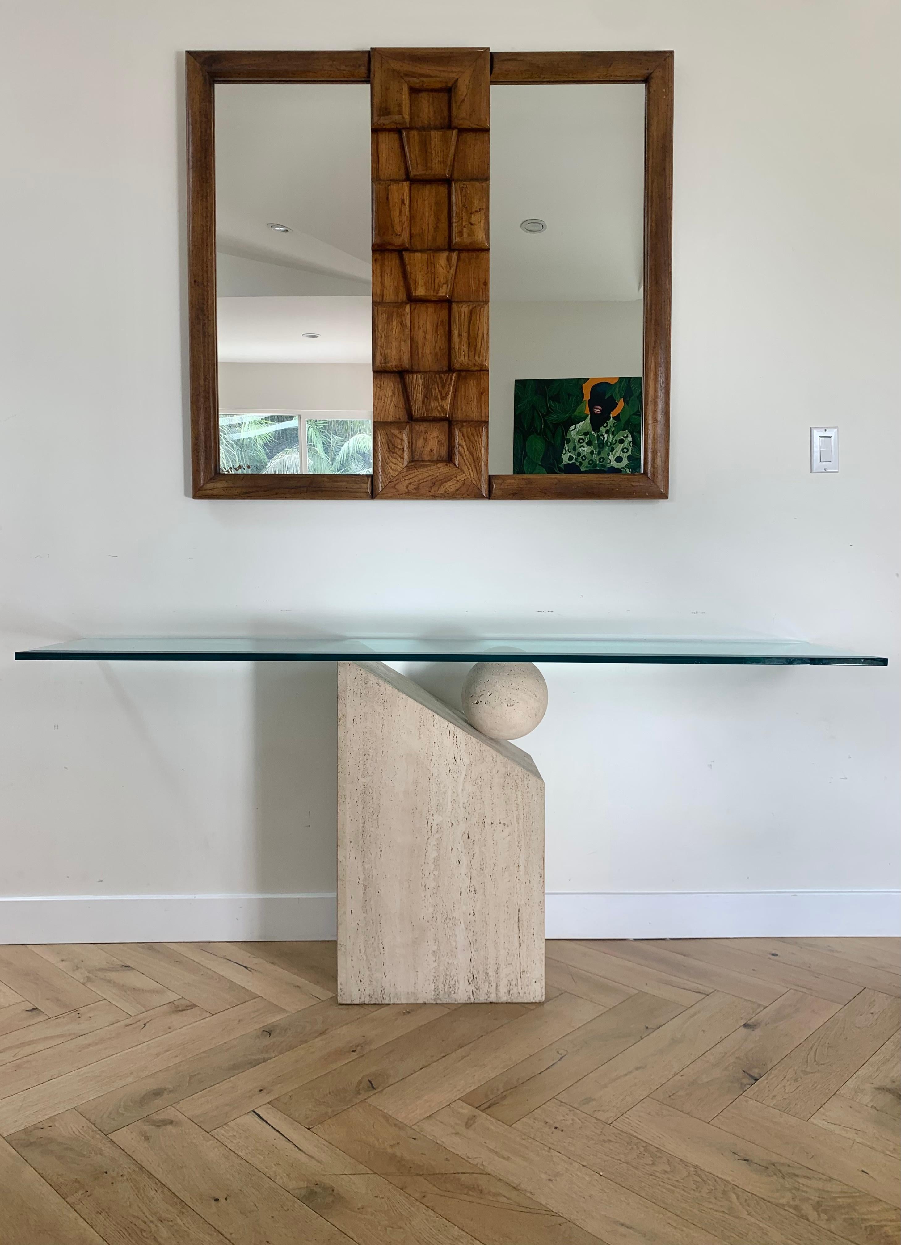 Postmodern Italian Travertine Marble Console table with Floating Orb, 1970s 1