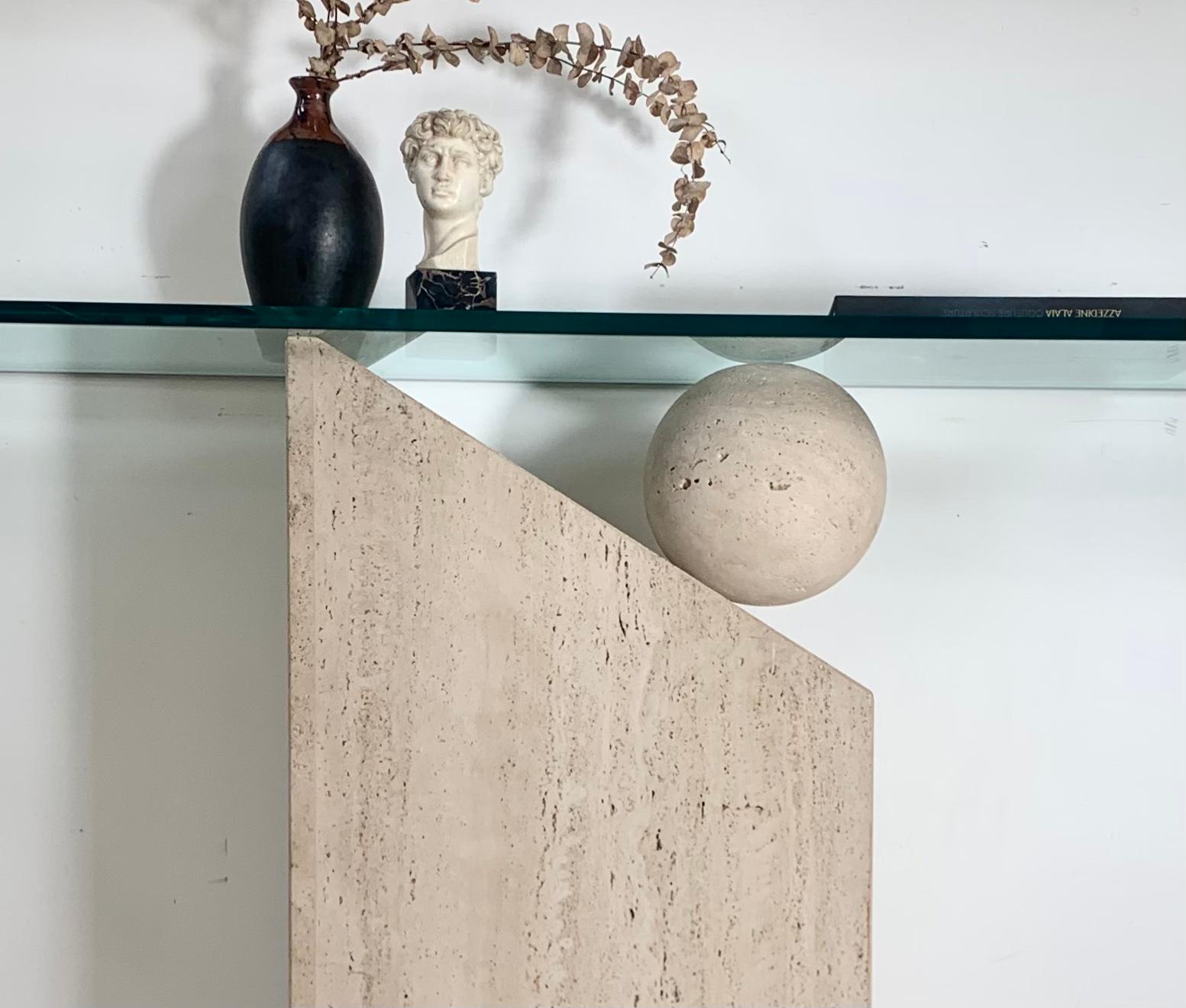 Postmodern Italian Travertine Marble Console table with Floating Orb, 1970s 2