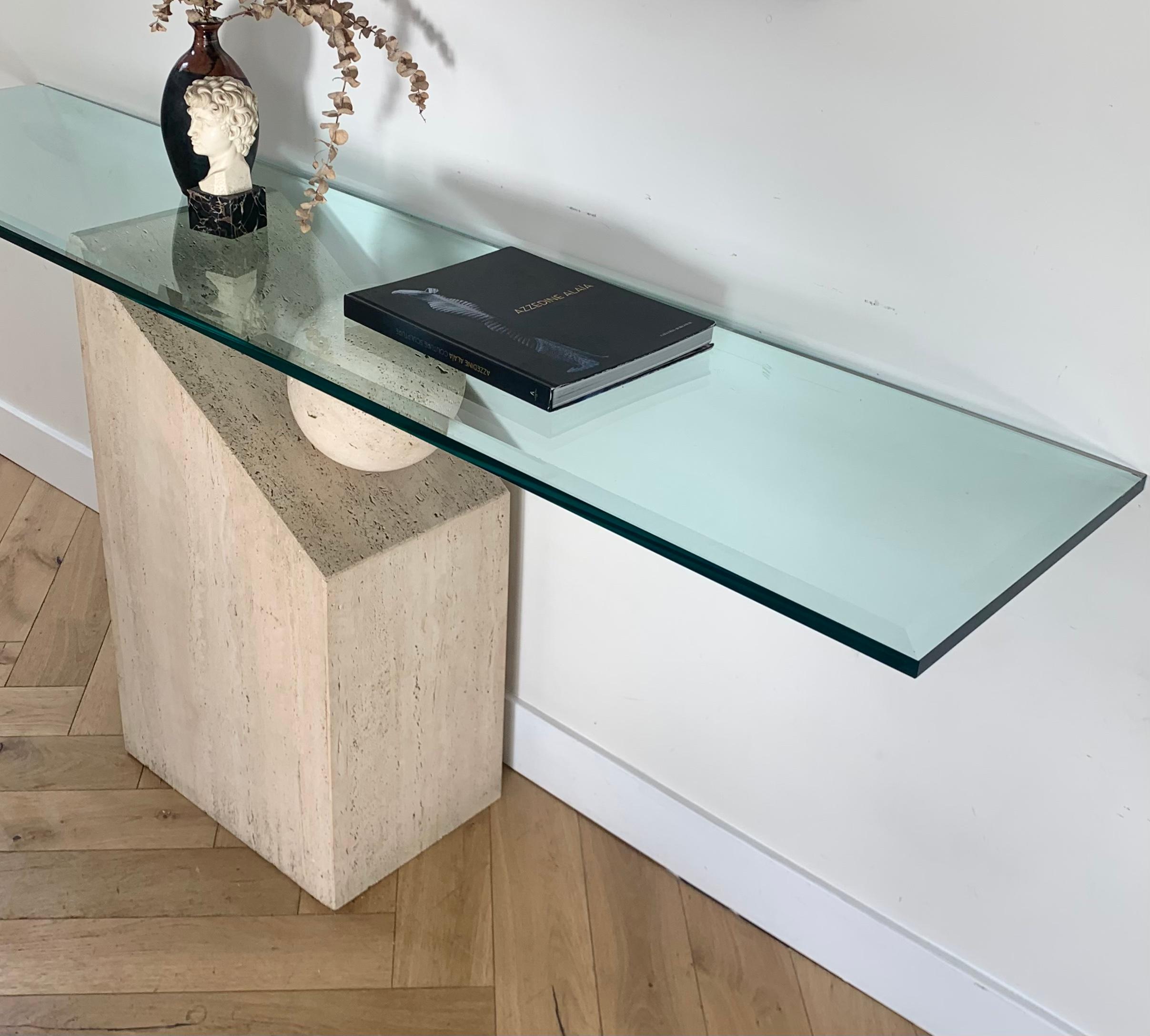 Postmodern Italian Travertine Marble Console table with Floating Orb, 1970s 3