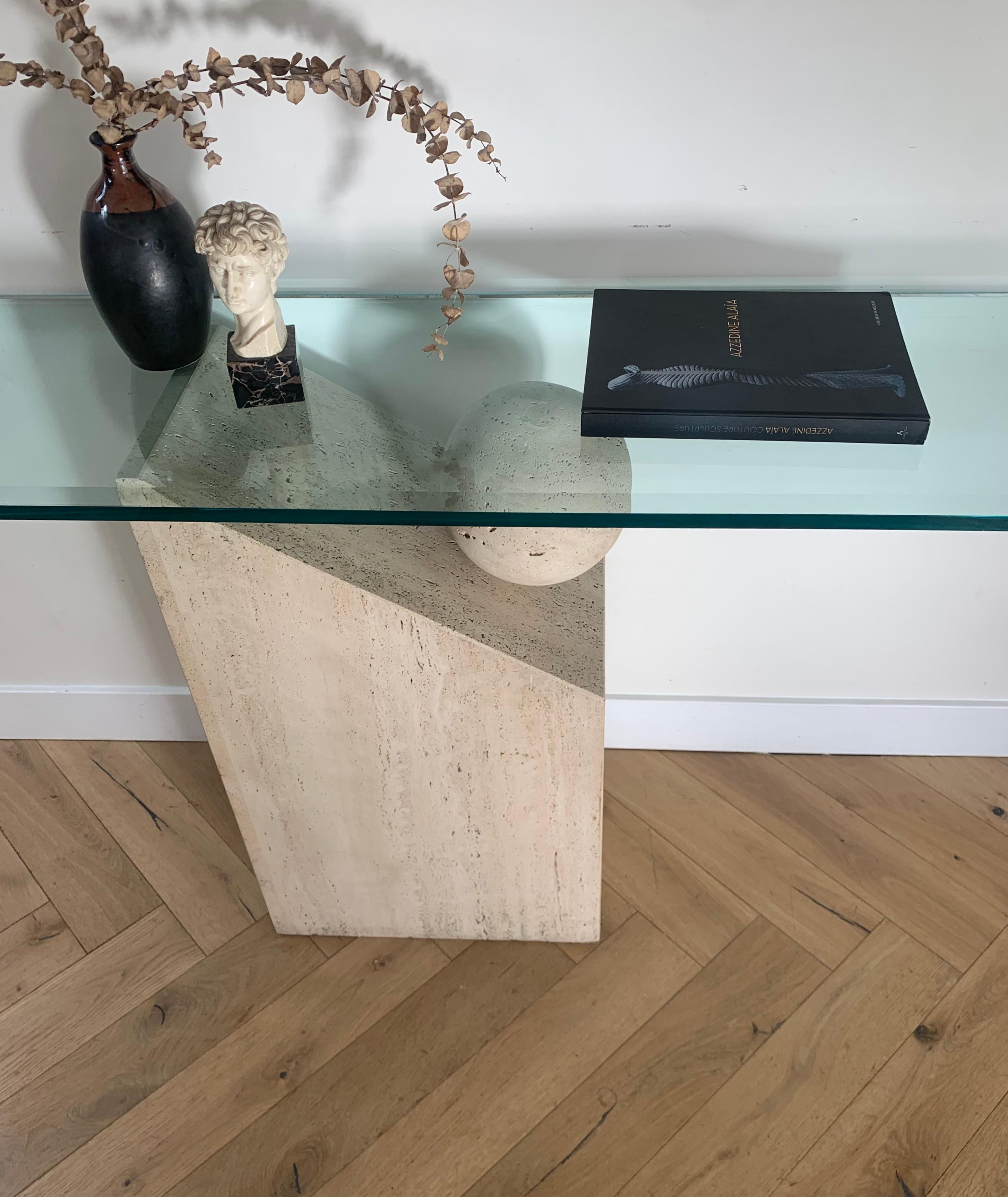 Postmodern Italian Travertine Marble Console table with Floating Orb, 1970s 4