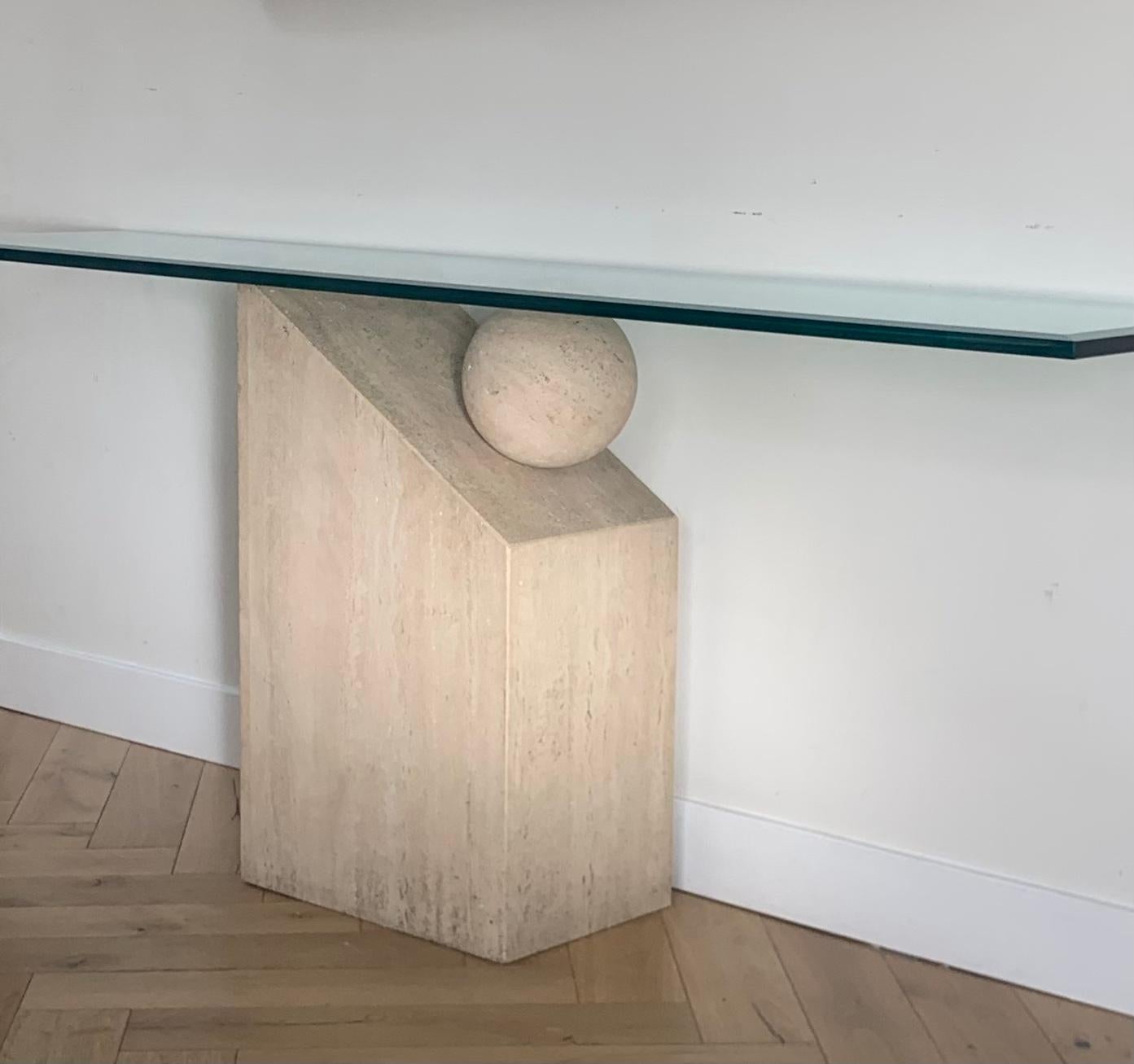 Postmodern Italian Travertine Marble Console table with Floating Orb, 1970s 6