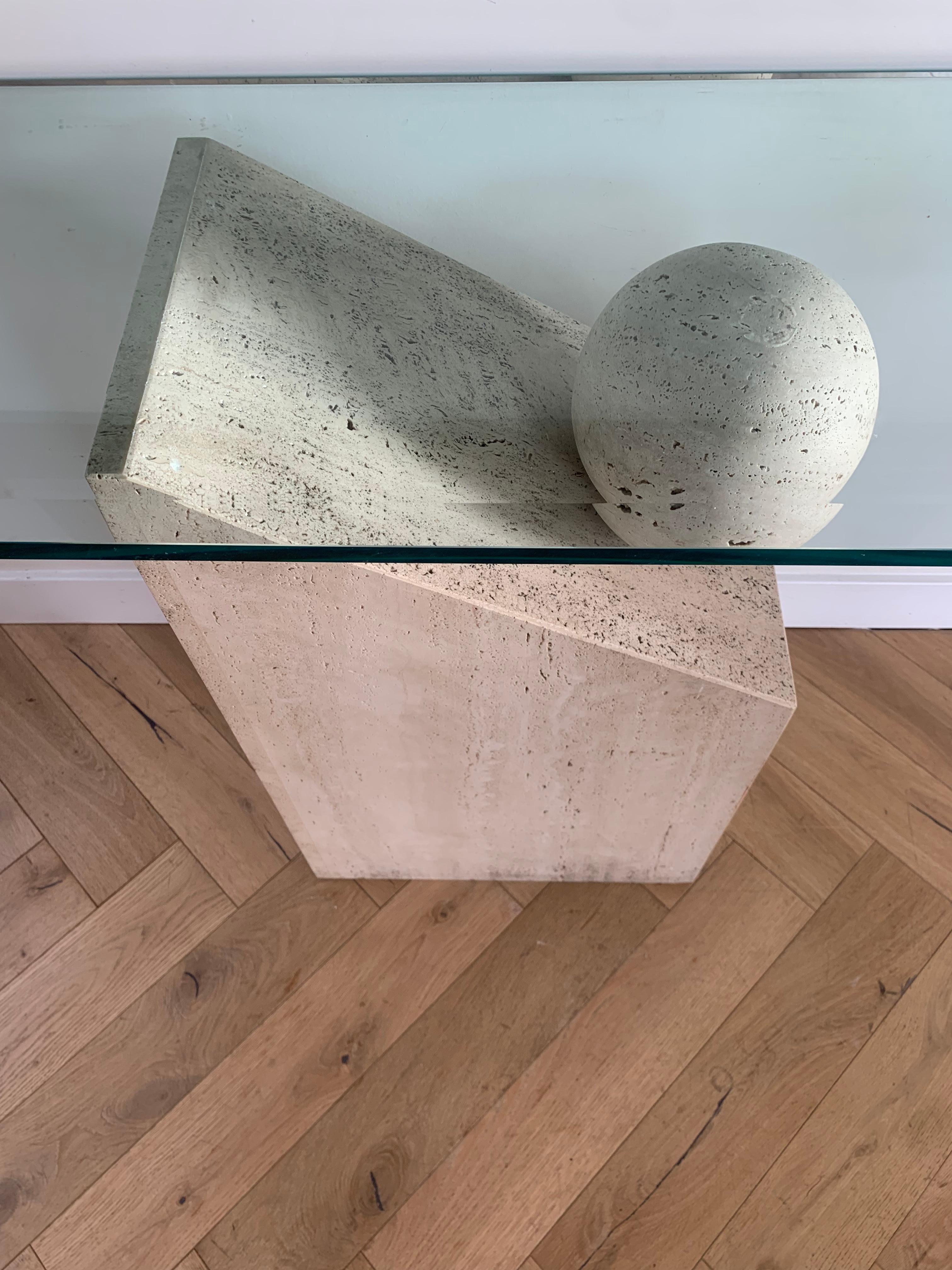 Postmodern Italian Travertine Marble Console table with Floating Orb, 1970s 7