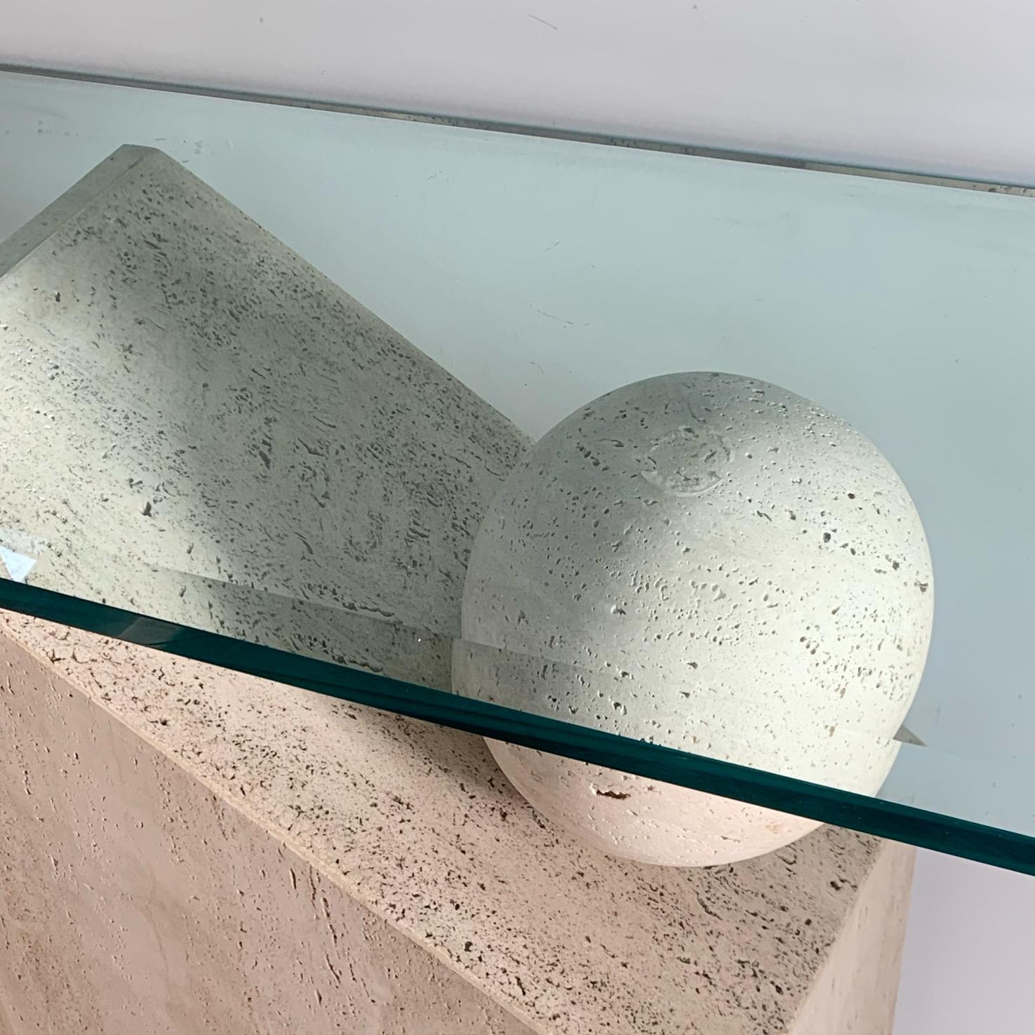 Postmodern Italian Travertine Marble Console table with Floating Orb, 1970s 8