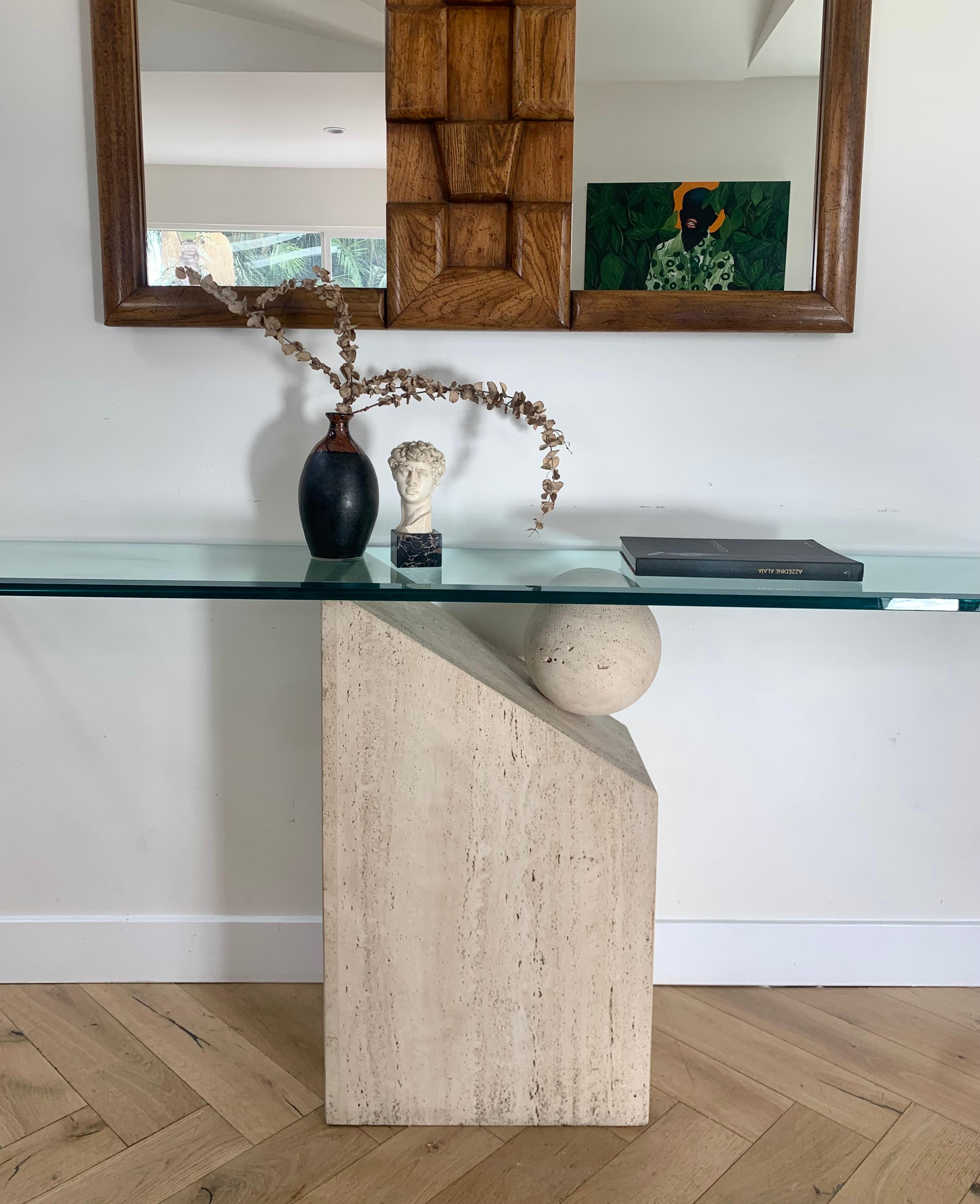 Postmodern Italian Travertine Marble Console table with Floating Orb, 1970s 9