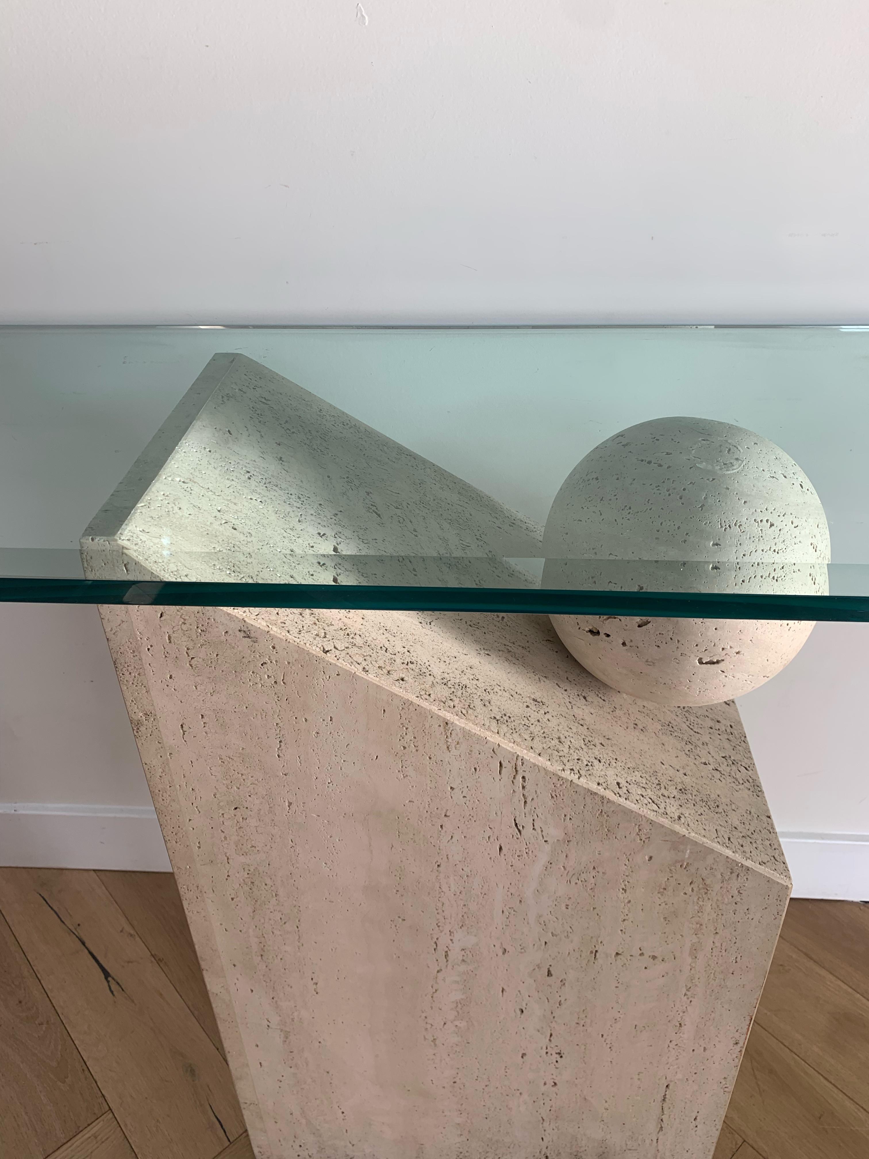 Postmodern Italian Travertine Marble Console table with Floating Orb, 1970s 10