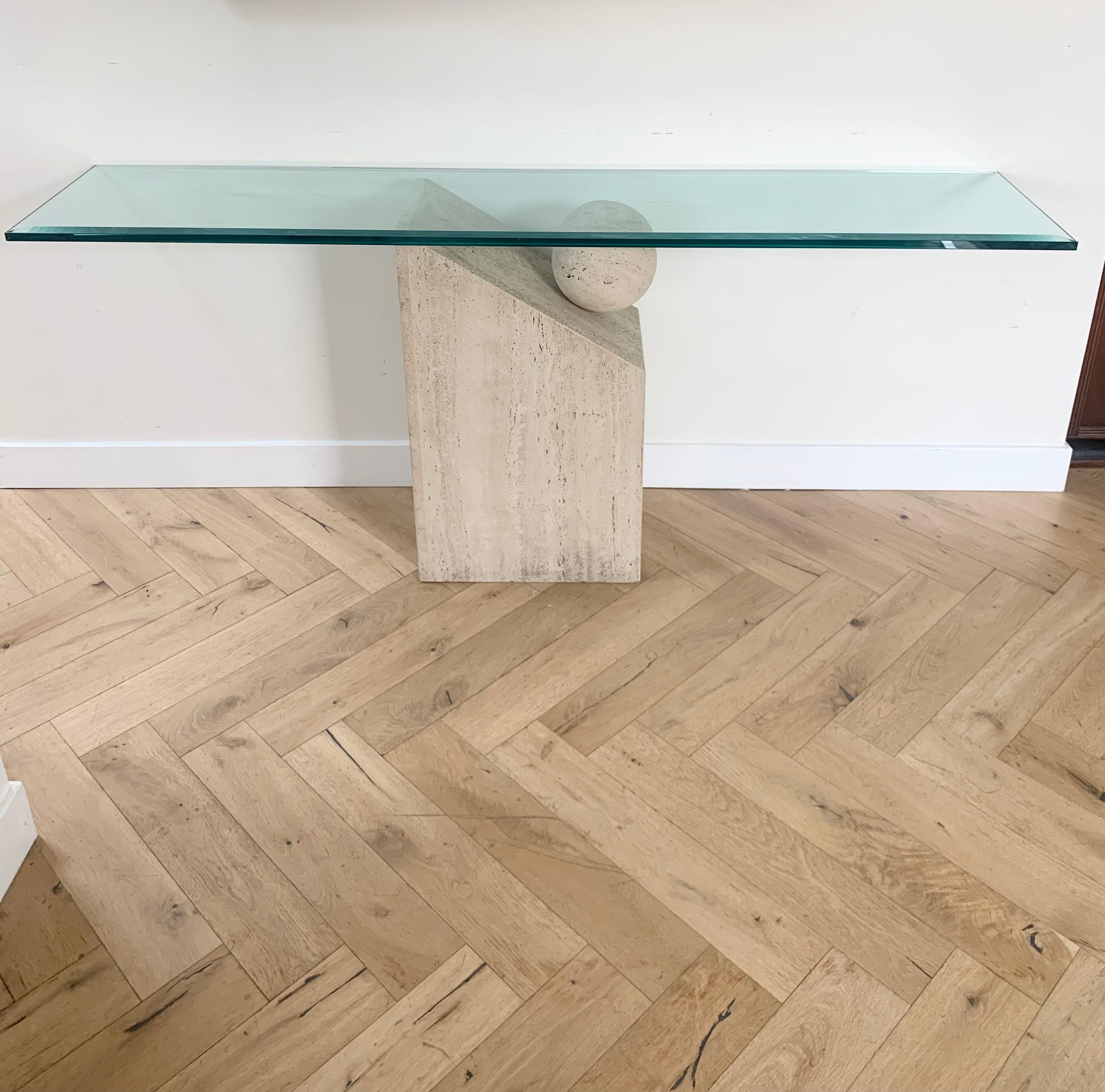 Postmodern Italian Travertine Marble Console table with Floating Orb, 1970s 11