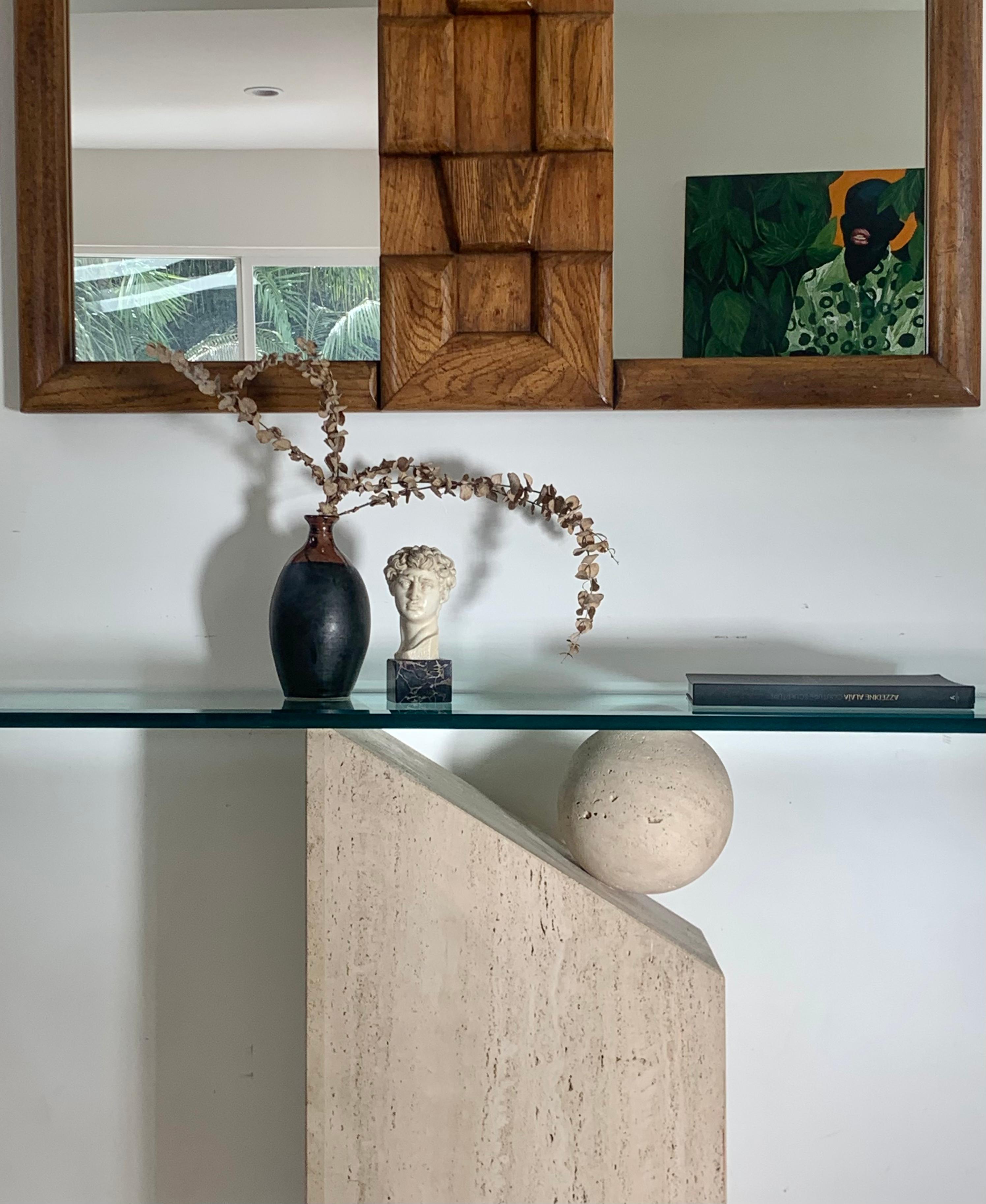 Postmodern Italian Travertine Marble Console table with Floating Orb, 1970s In Good Condition In View Park, CA
