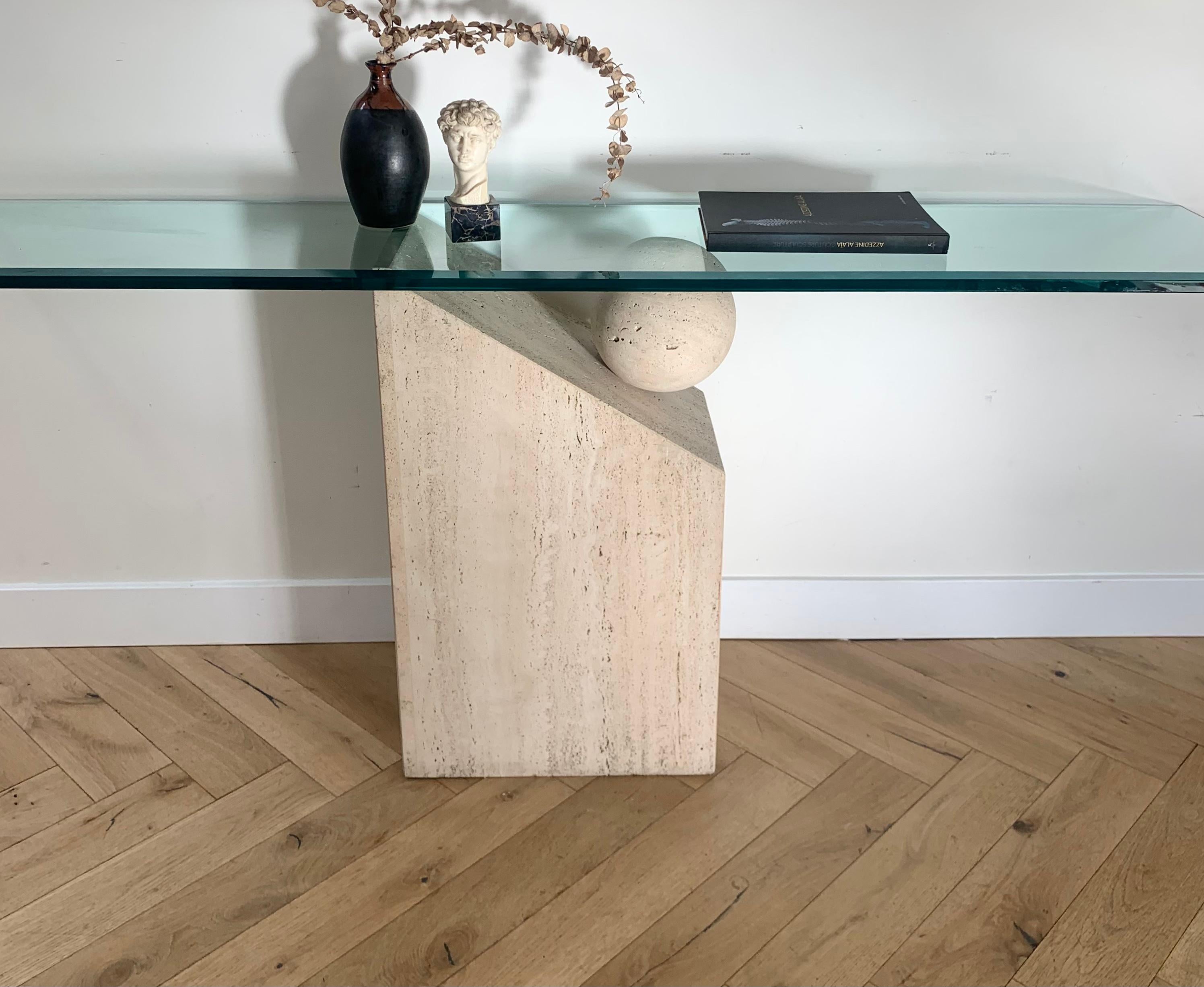 Late 20th Century Postmodern Italian Travertine Marble Console table with Floating Orb, 1970s