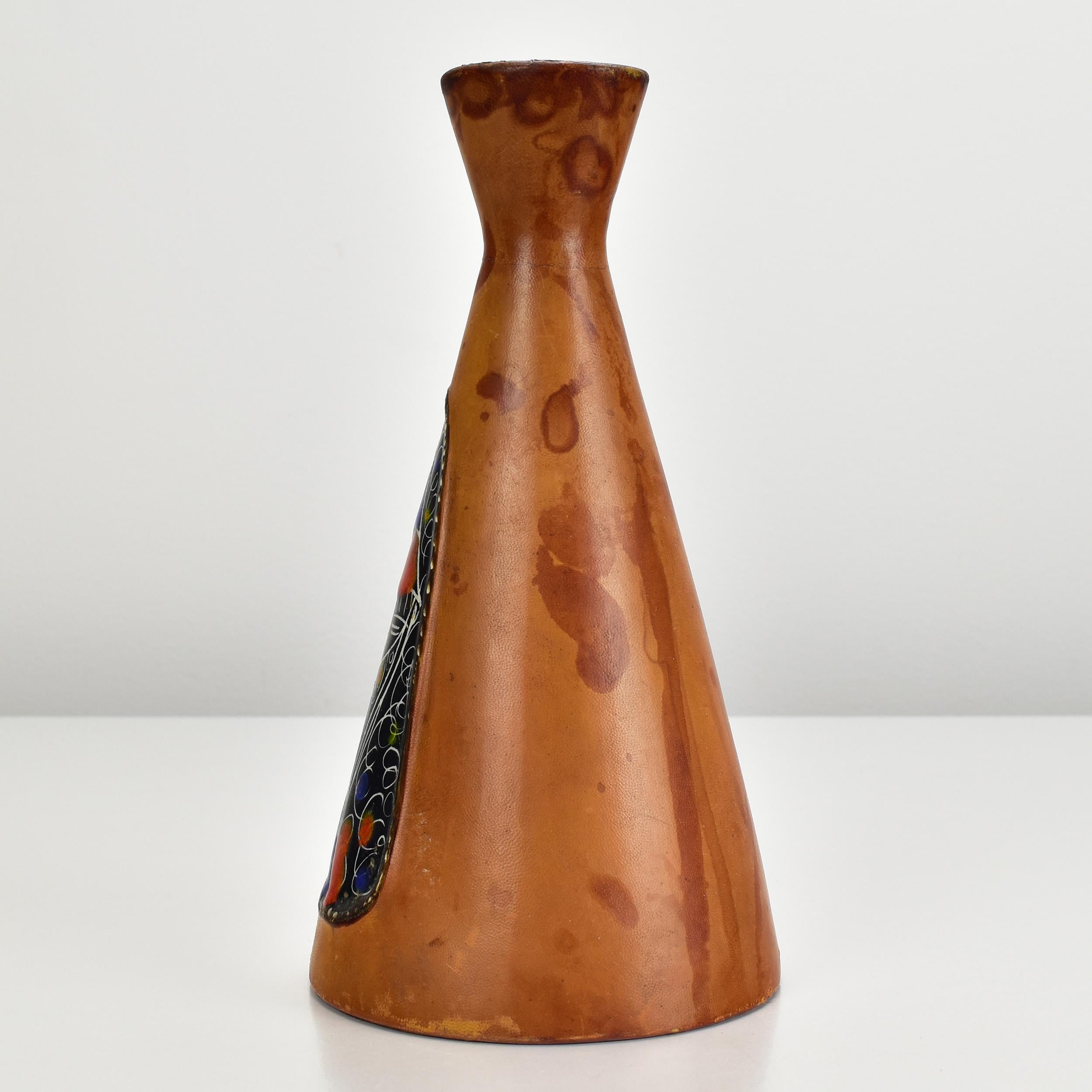Italiano Vaso Diabolo d'epoca in ceramica e pelle di Marcello Fantoni per Raymor in vendita