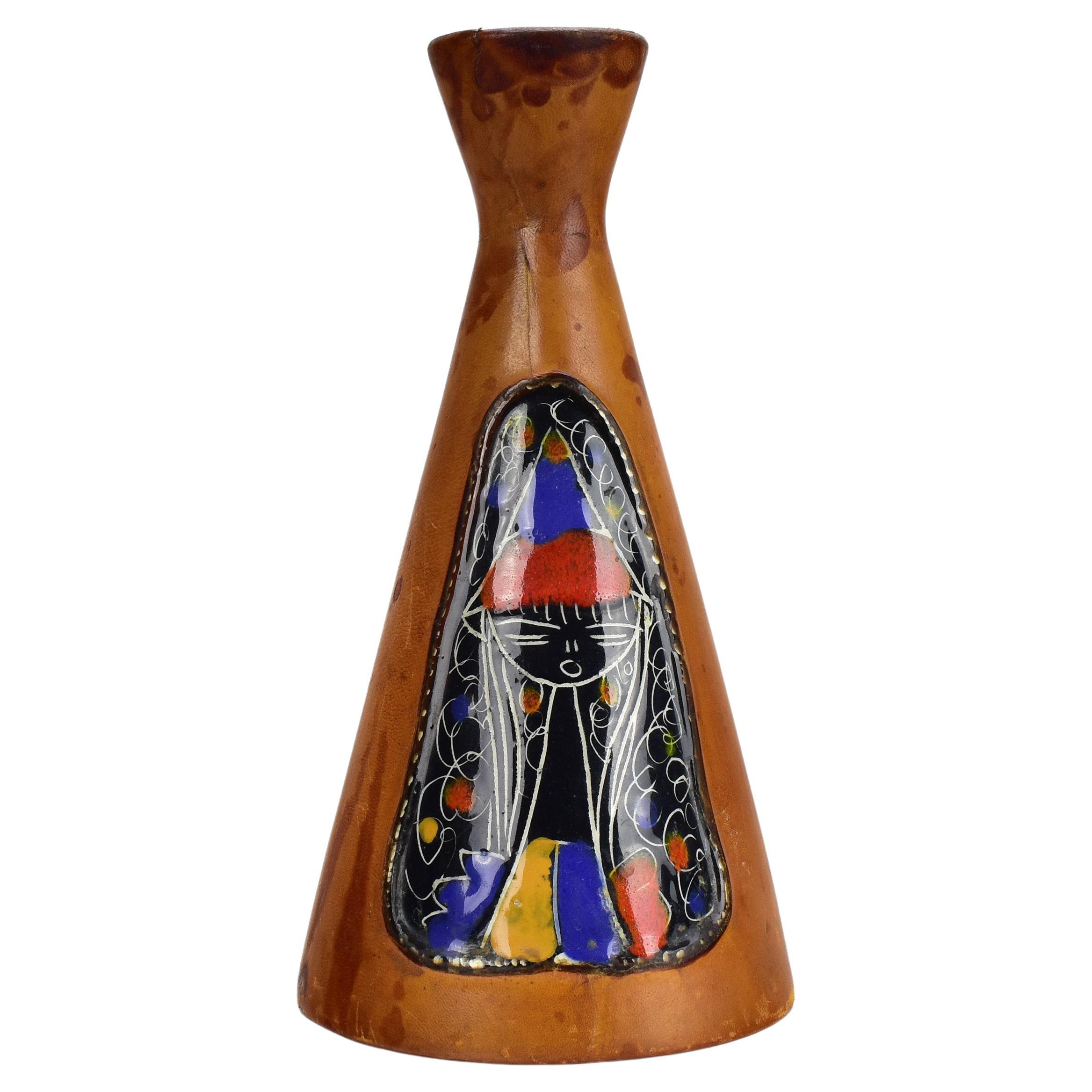 Vintage Italian Pottery and Leather Diabolo Vase by Marcello Fantoni for Raymor