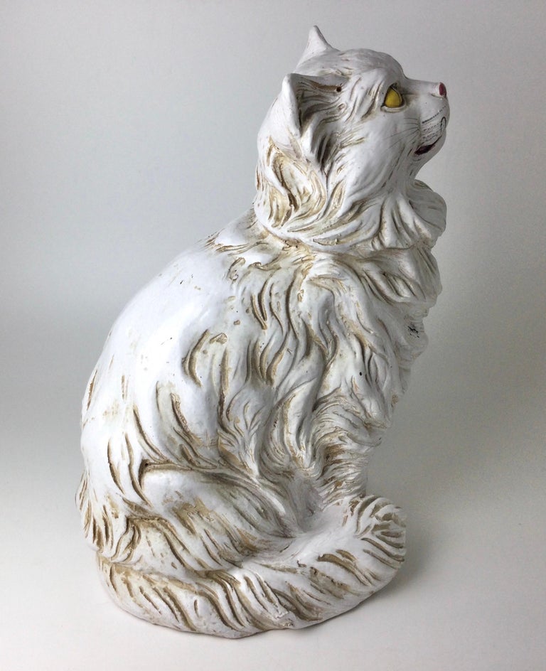 Vintage Italian Pottery Large White Cat Figure Statue Sculpture For