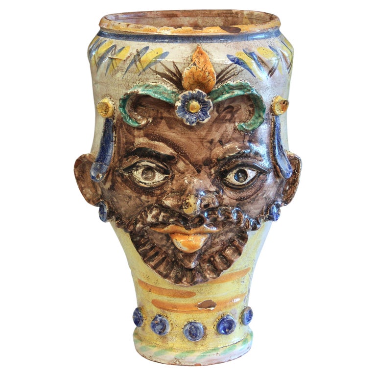 Vintage Italian Pottery Old Sicilian Caltagirone Head Vase Majolica