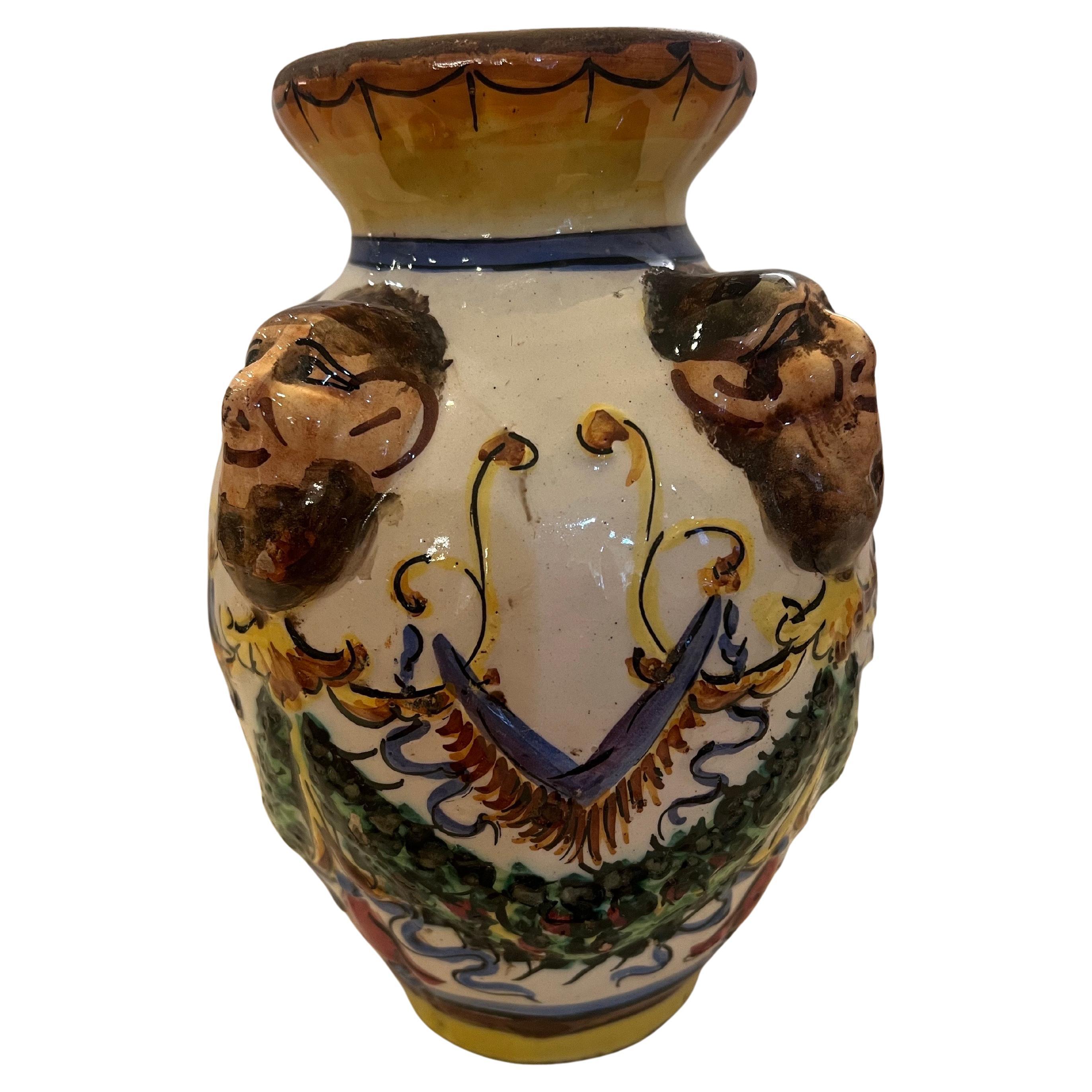 Old Sicilian pottery Moorish head vase, circa early/mid 20th century signed.
