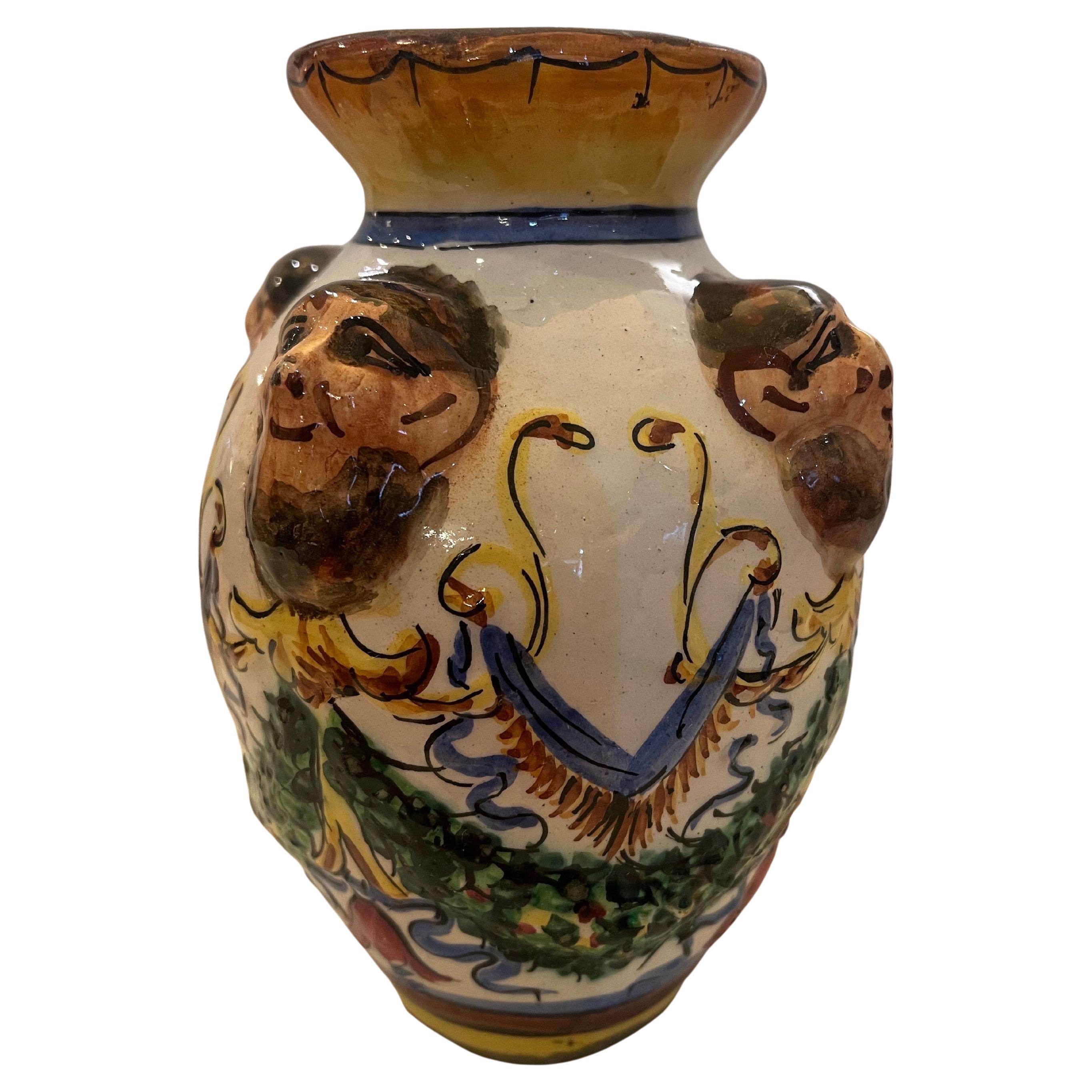 Hollywood Regency Vintage Italian Pottery Old Sicilian Caltagirone Head Vase Majolica Moor For Sale