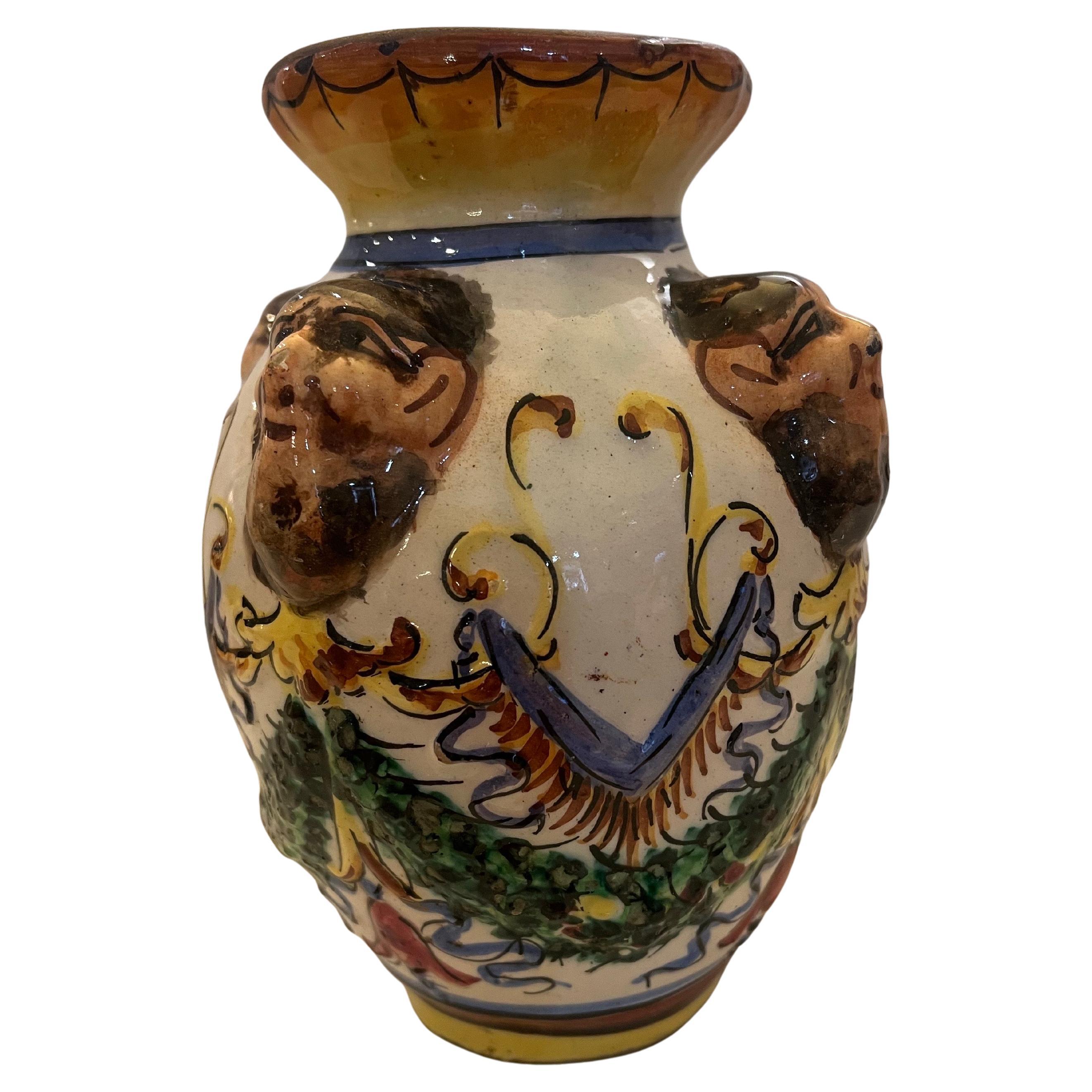 Vintage Cerámica Italiana Antiguo Jarrón Siciliano Cabeza Caltagirone Majolica Moor