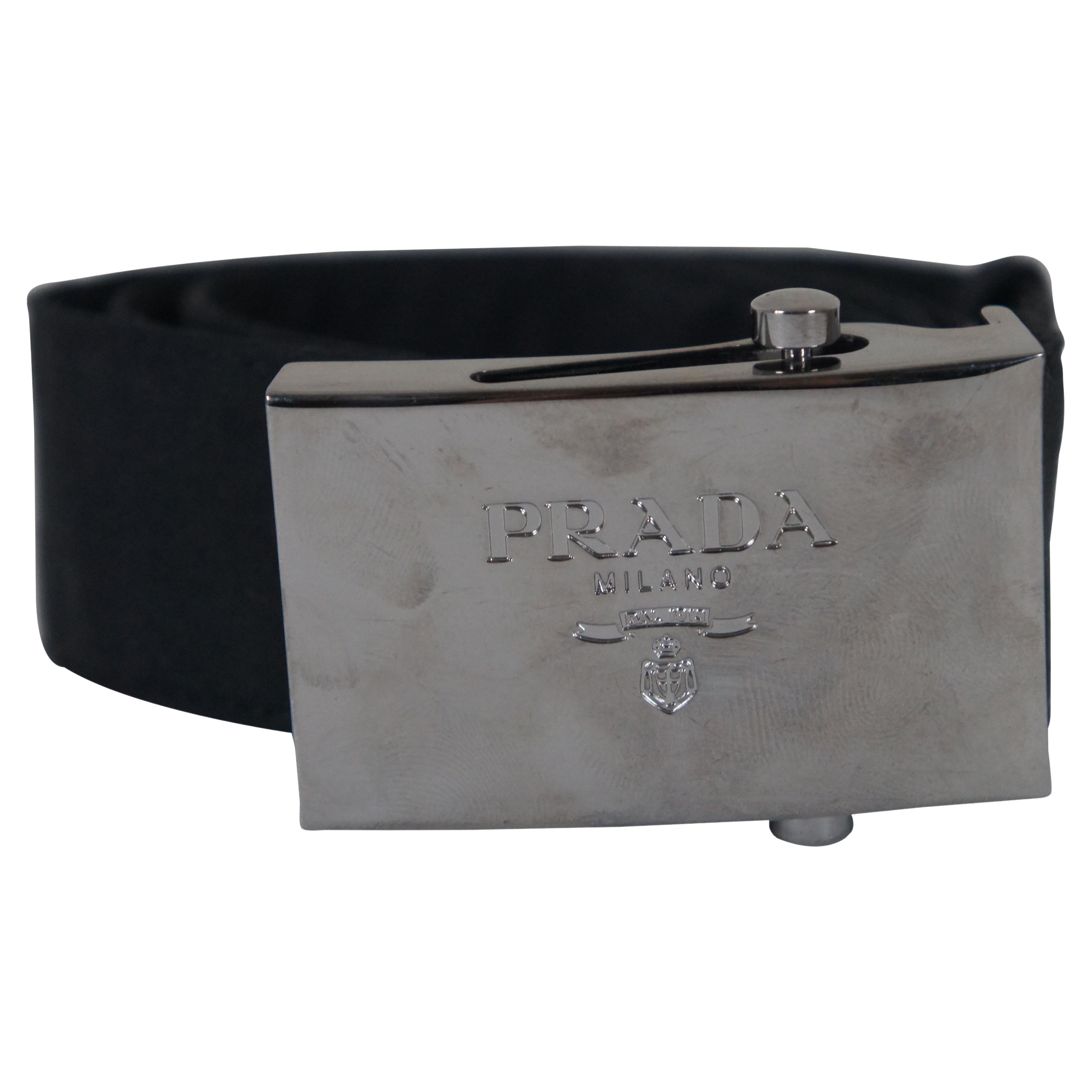 Vintage Italian Prada Milano Black Cloth Belt Silver Logo Plaque Buckle