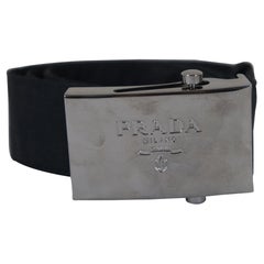 Vintage Italian Prada Milano Black Cloth Belt Silver Logo Plaque Buckle