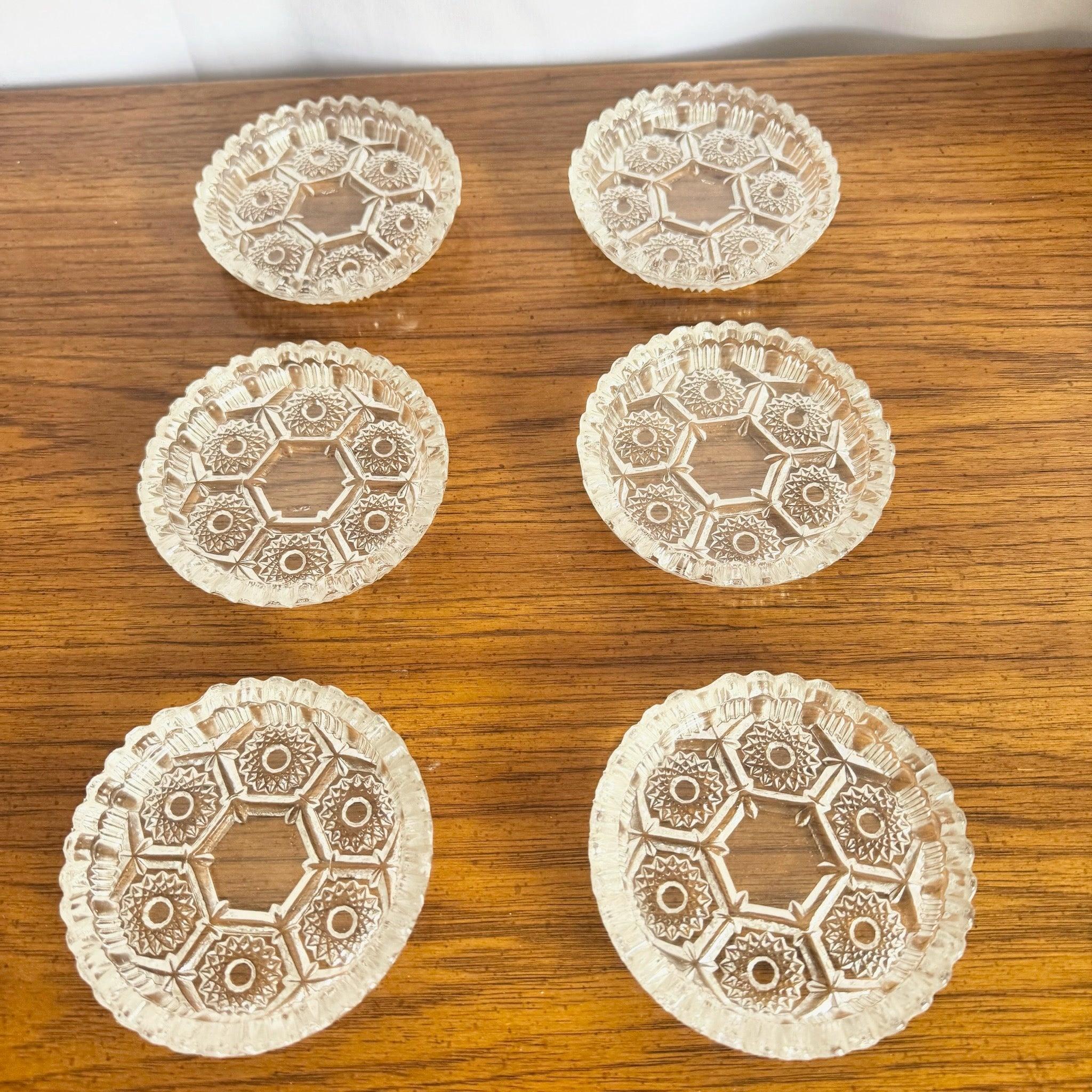 Vintage Italian Pressed Glass Ashtrays set of six—clear pressed glass with knobbed rims, perfect for retro entertaining, tapas, or elegant bar accents.
 

 We sell items as acquired, without restoring or repairing. Vintage pieces may have