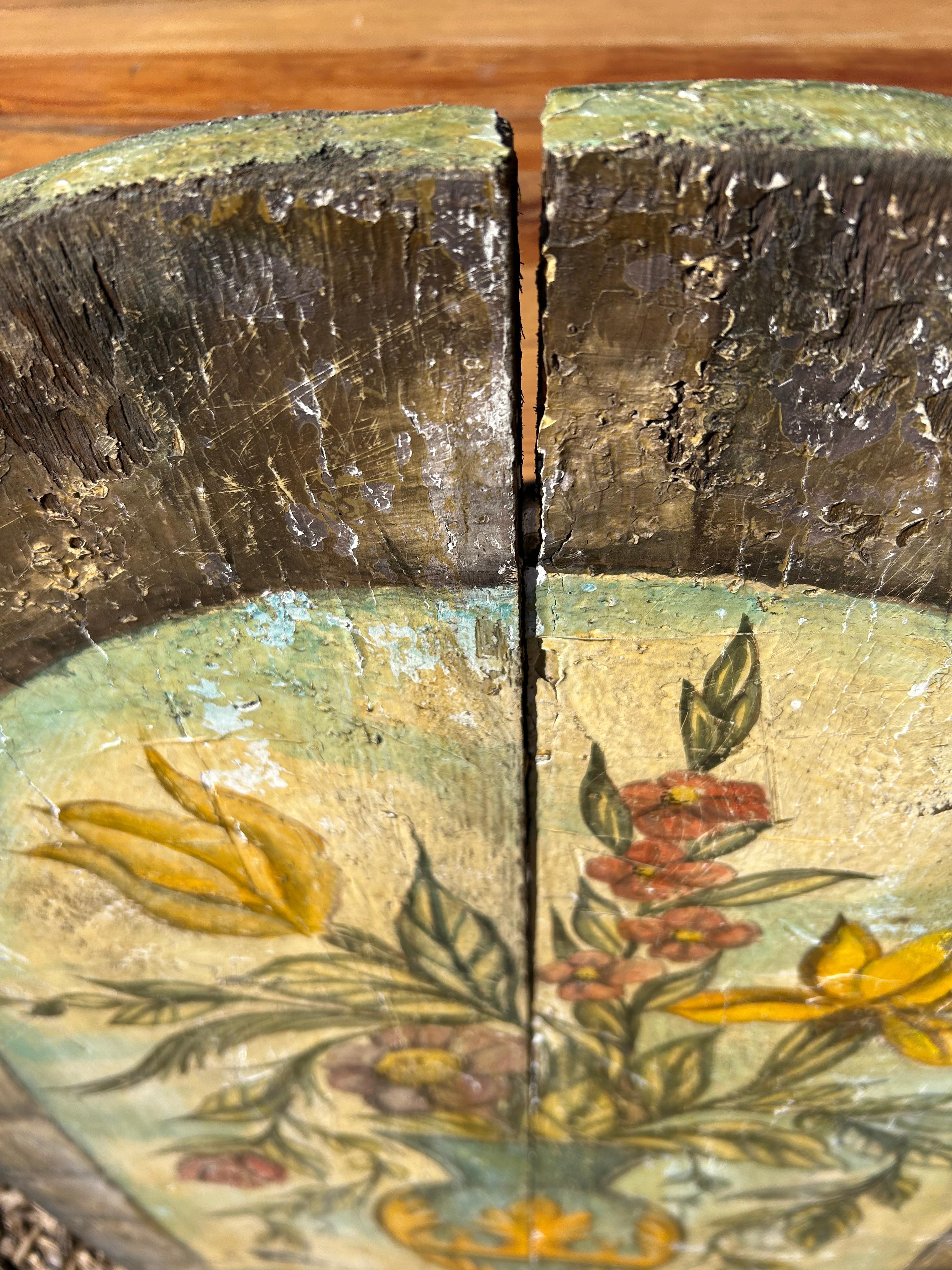 Vintage primitive floral still life on reclaimed wooden panels having a lovely curved top.  Found in an antique store in Calabria about 30 years ago.