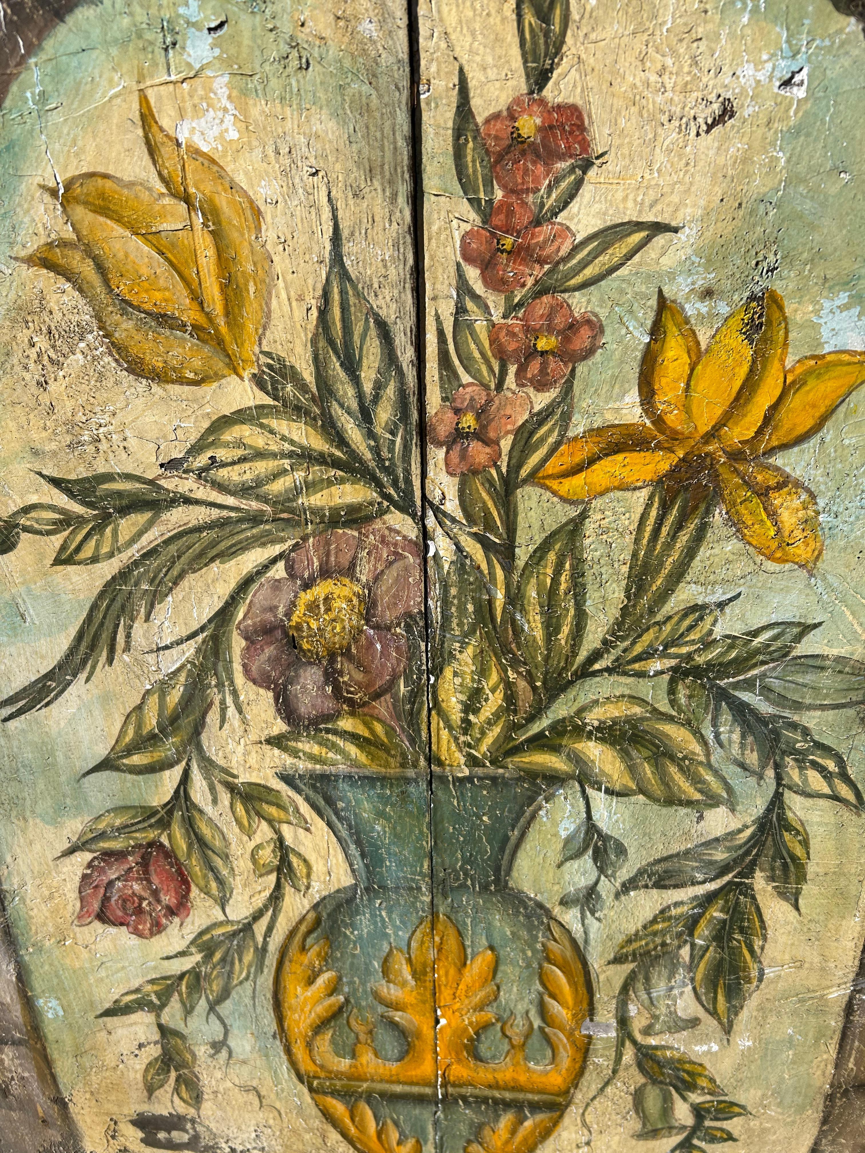 Folk Art Vintage Italian Primitive Floral Painting on Reclaimed Wood For Sale