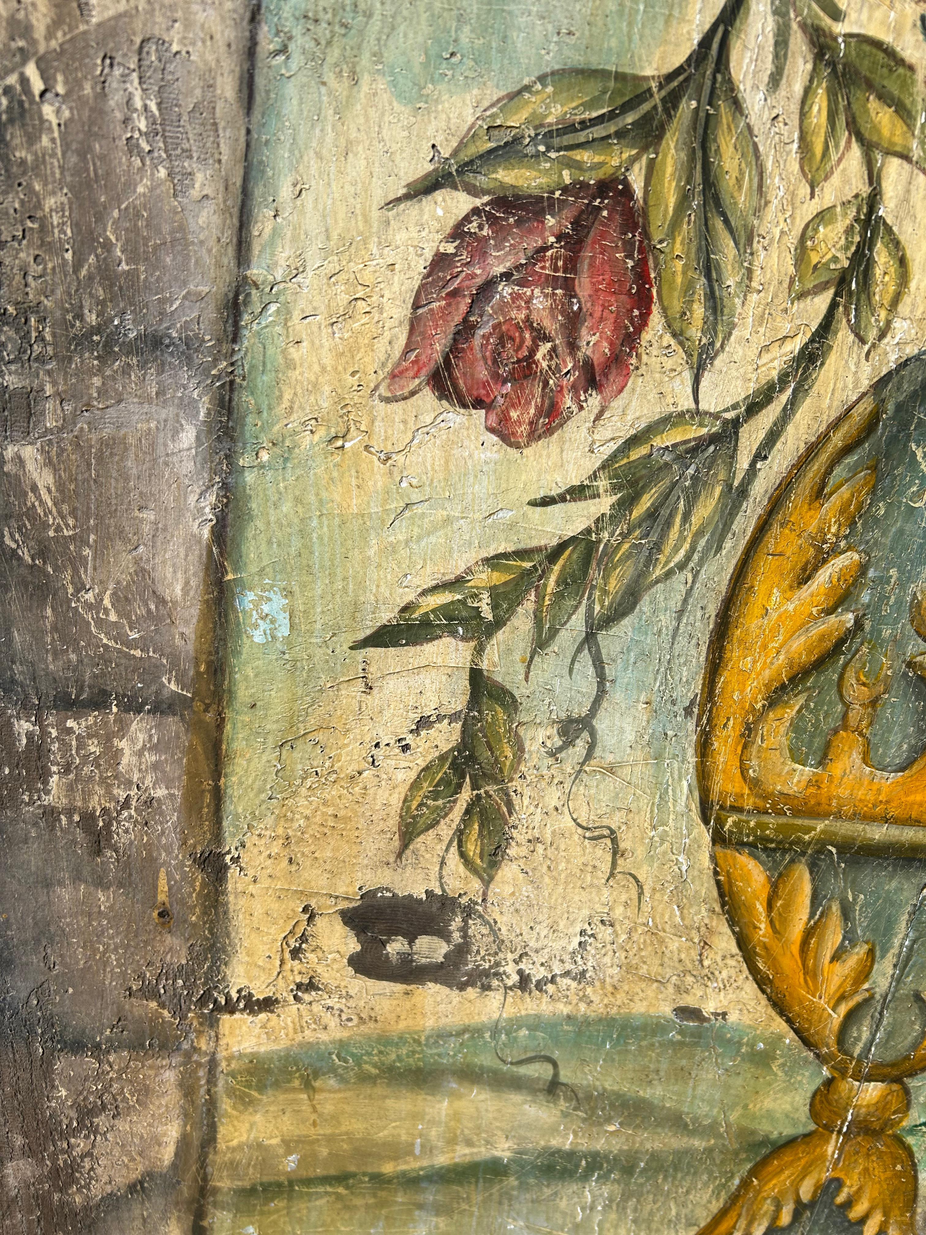 Mid-20th Century Vintage Italian Primitive Floral Painting on Reclaimed Wood For Sale