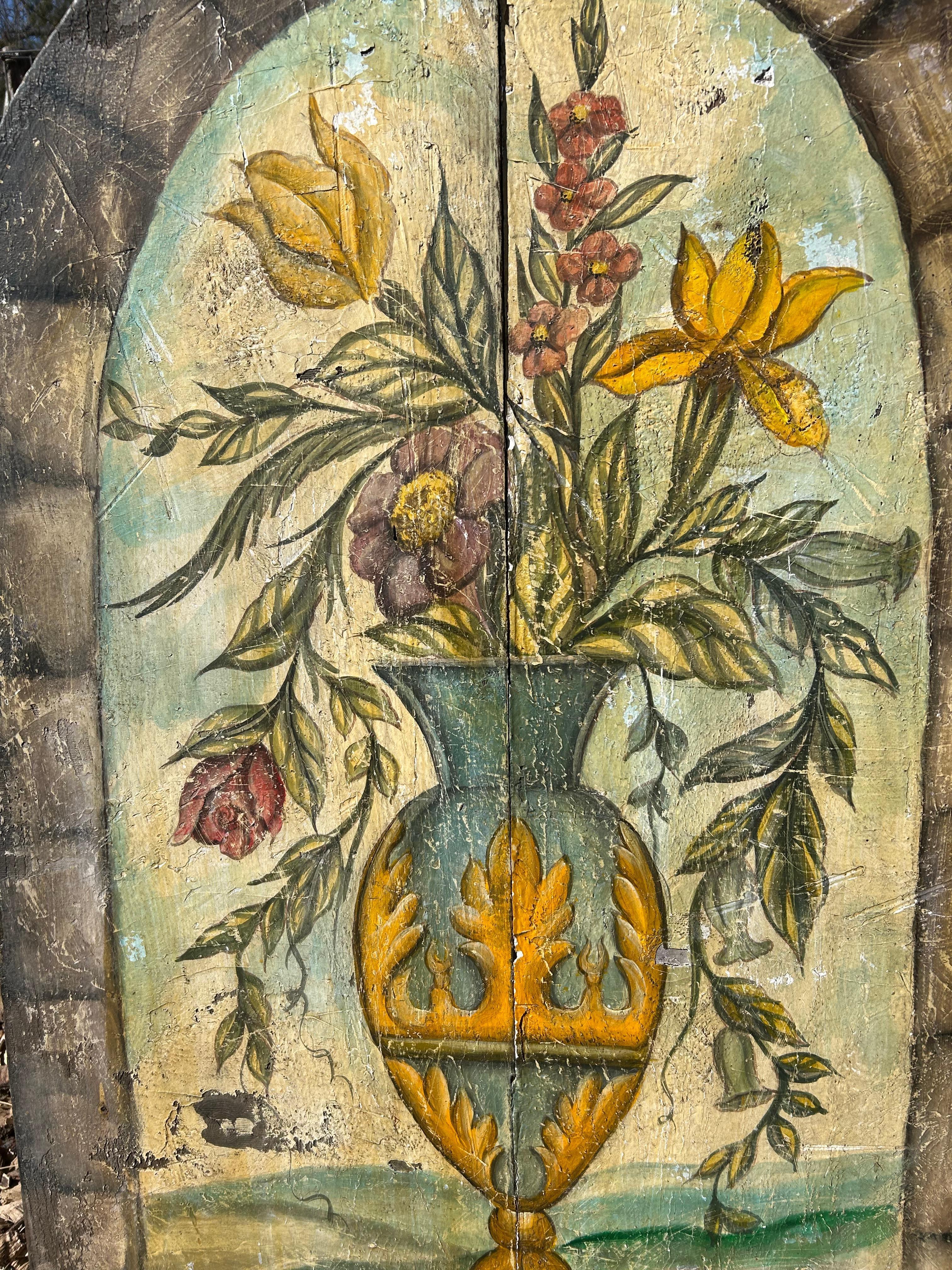 Vintage Italian Primitive Floral Painting on Reclaimed Wood For Sale 1
