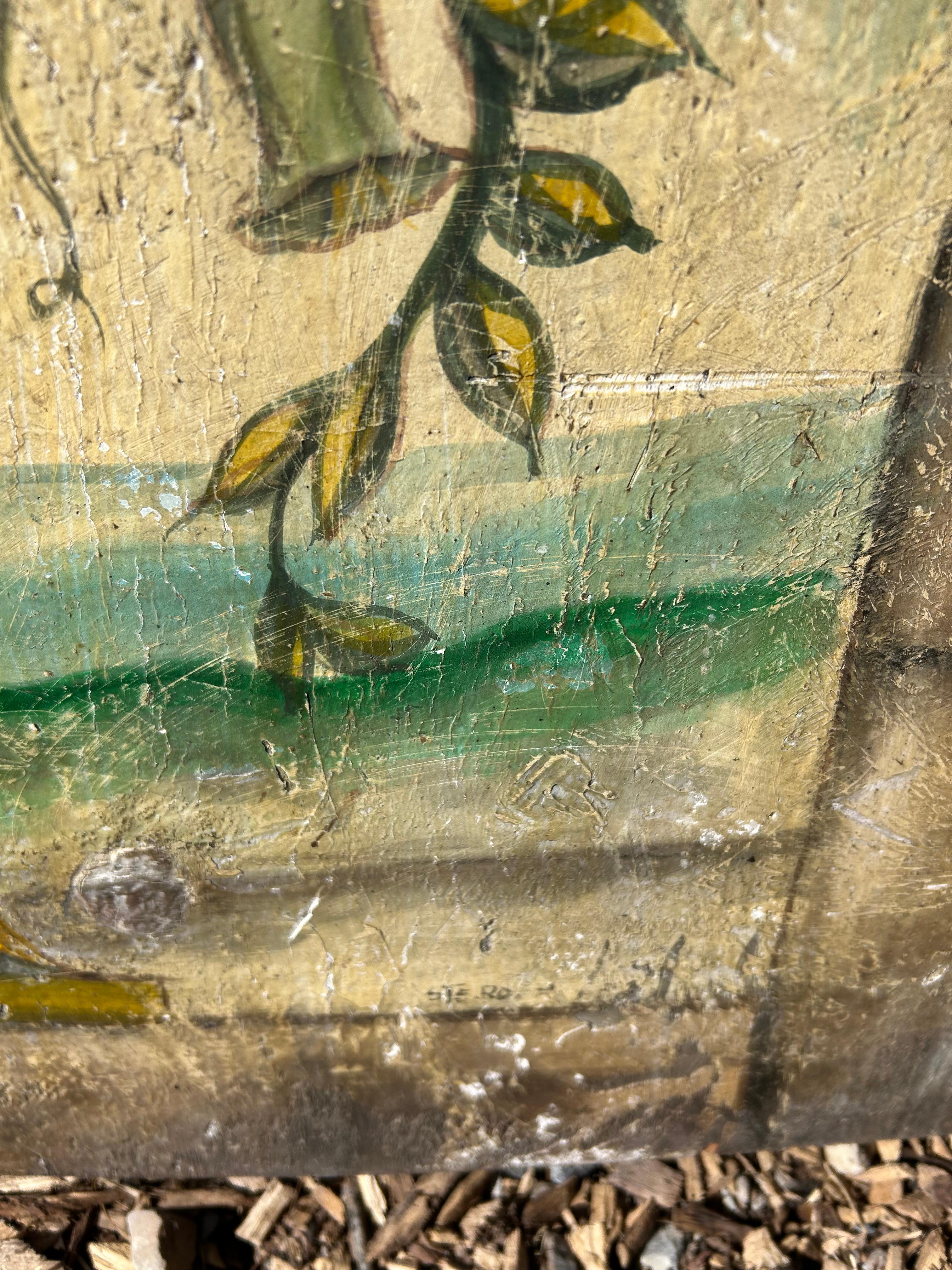Vintage Italian Primitive Floral Painting on Reclaimed Wood For Sale 3