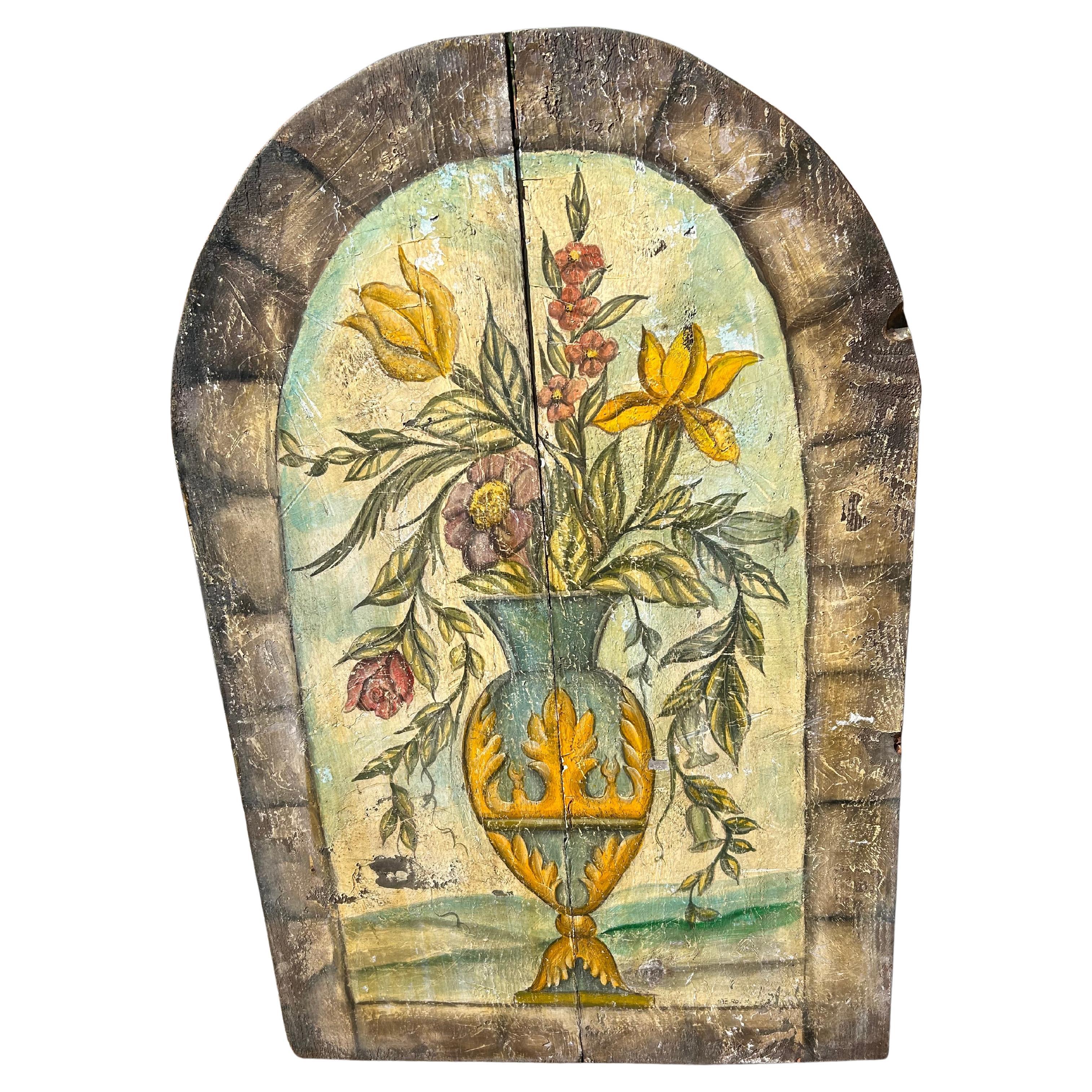 Vintage Italian Primitive Floral Painting on Reclaimed Wood