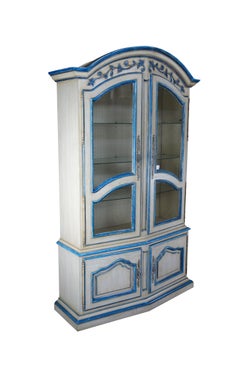 Vintage Italian Provincial Blue Trimmed Oak China Hutch Display Cabinet Vitrine
