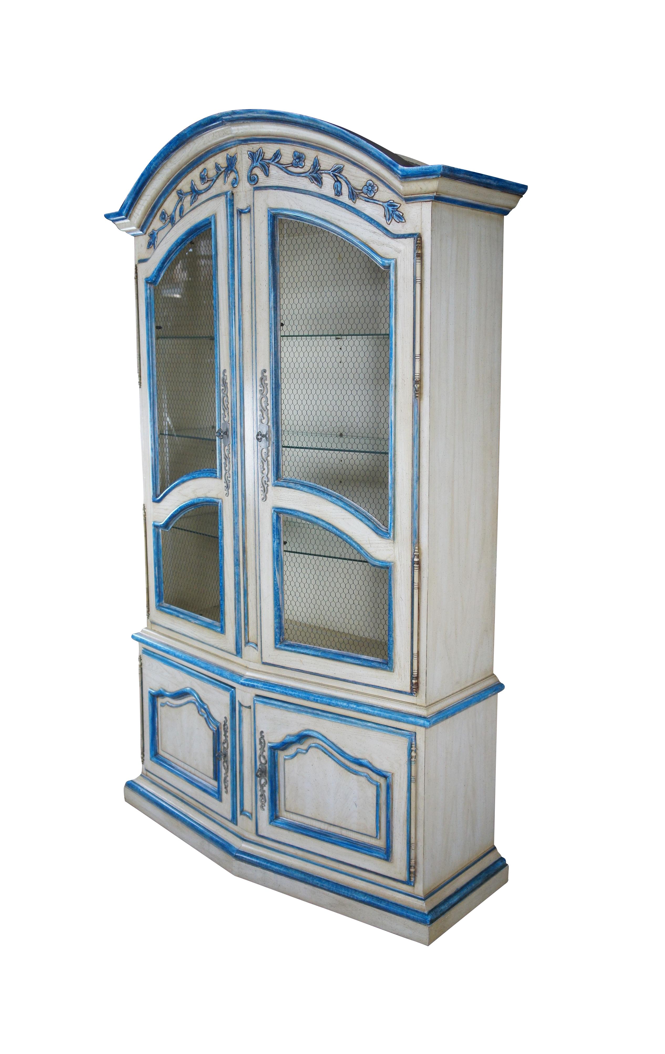 French Provincial Vintage Italian Provincial Blue Trimmed Oak China Hutch Display Cabinet Vitrine