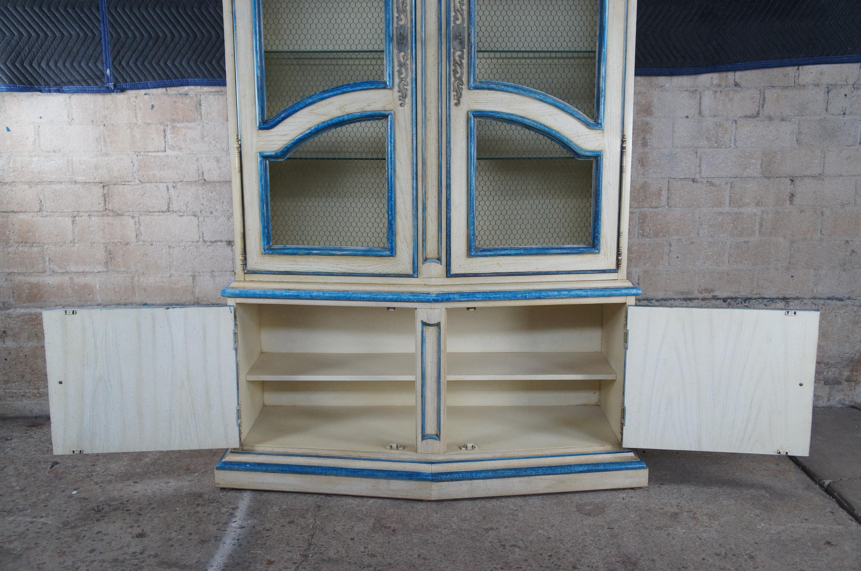 Vintage Italian Provincial Blue Trimmed Oak China Hutch Display Cabinet Vitrine 1