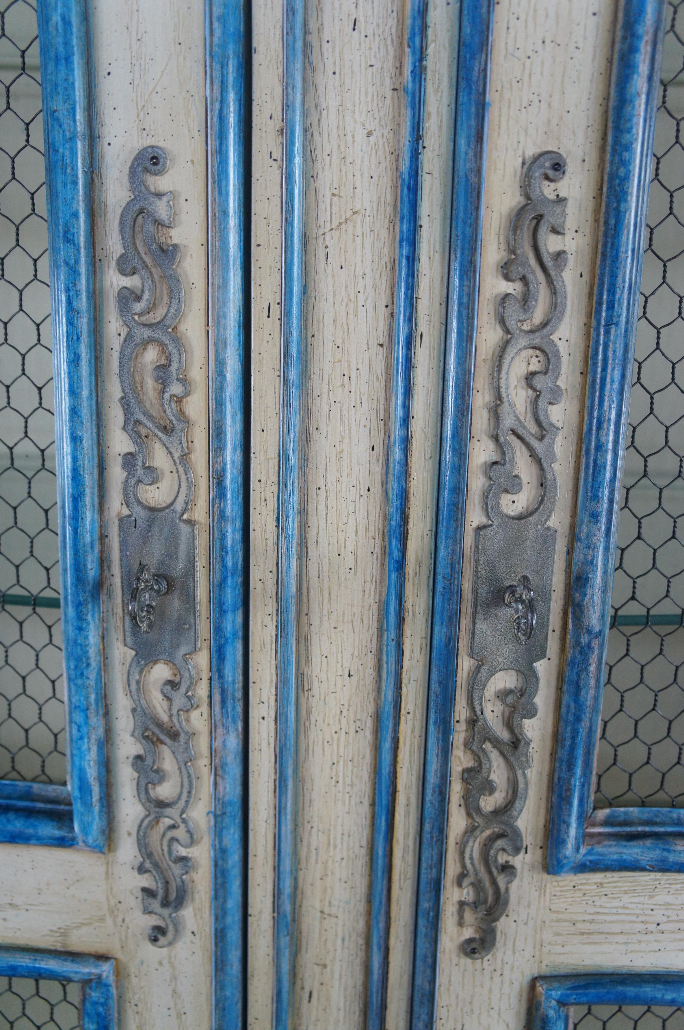 Vintage Italian Provincial Blue Trimmed Oak China Hutch Display Cabinet Vitrine 2